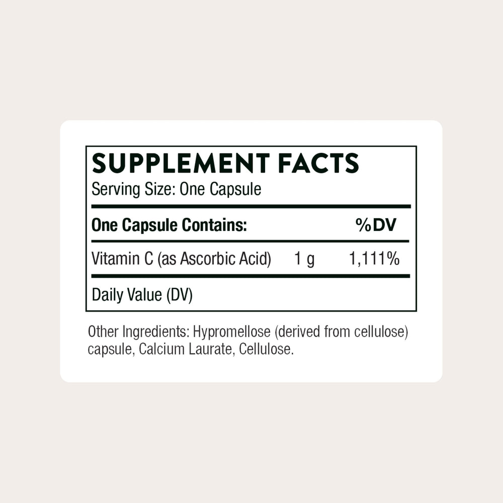 Close-up of Thorne Vitamin C label showing 1000 mg per capsule.
