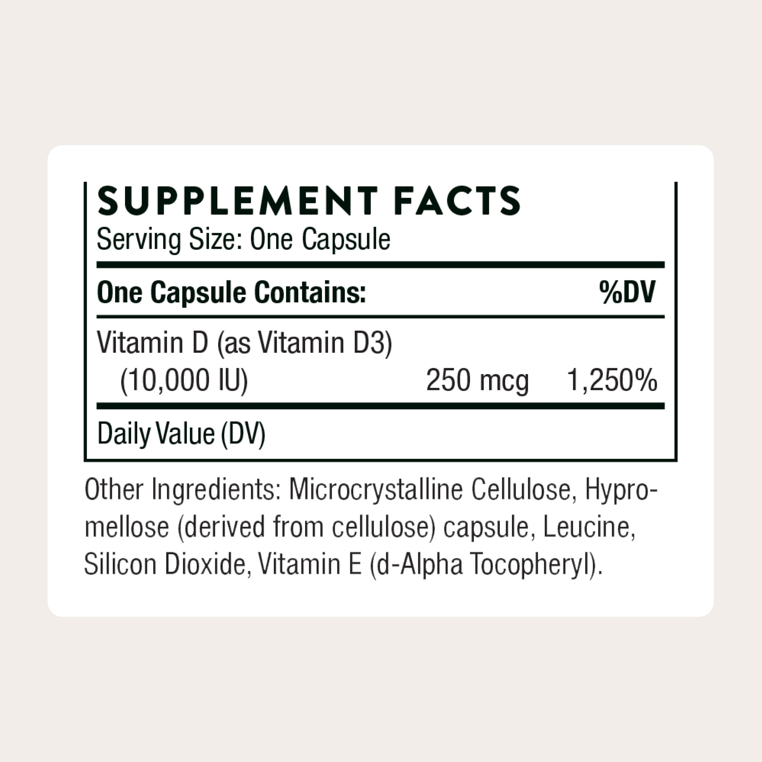 Close-up of THORNE Vitamin D3 label highlighting 10,000 IU potency.
