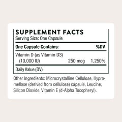 Close-up of THORNE Vitamin D3 label highlighting 10,000 IU potency.