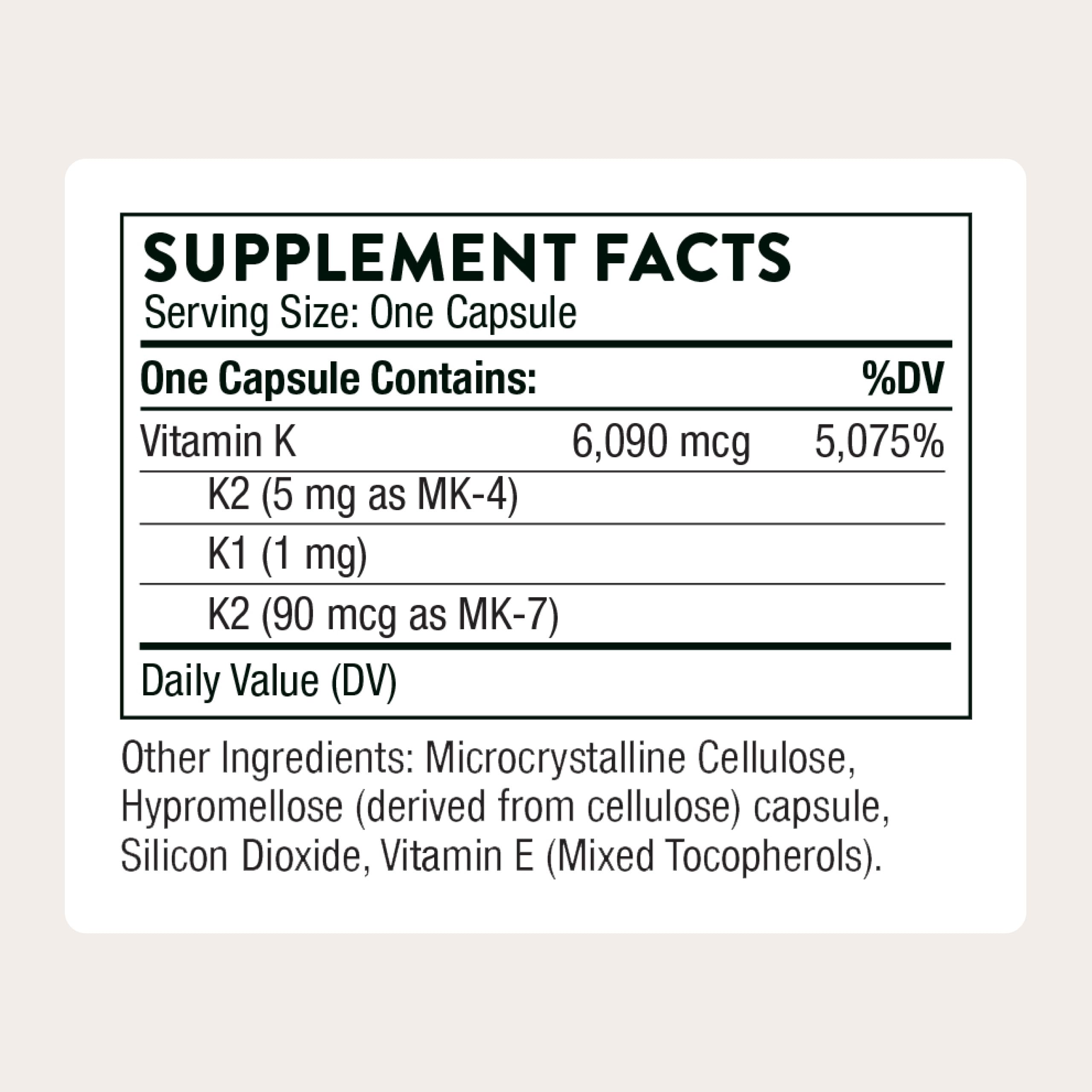 Close-up of Thorne Vitamin K capsules highlighting three K forms.