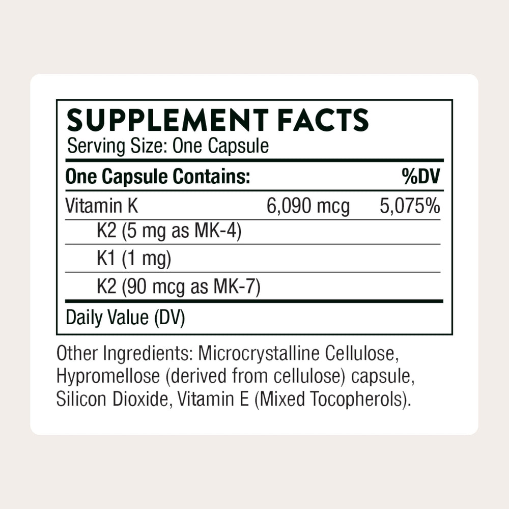 Close-up of Thorne Vitamin K capsules highlighting three K forms.