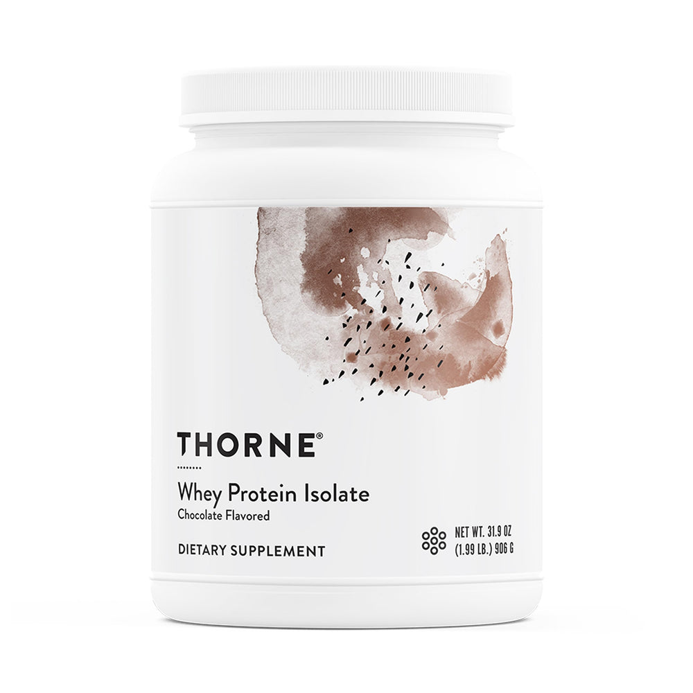 THORNE Whey Protein Isolate chocolate bottle pour for post-workout fueling