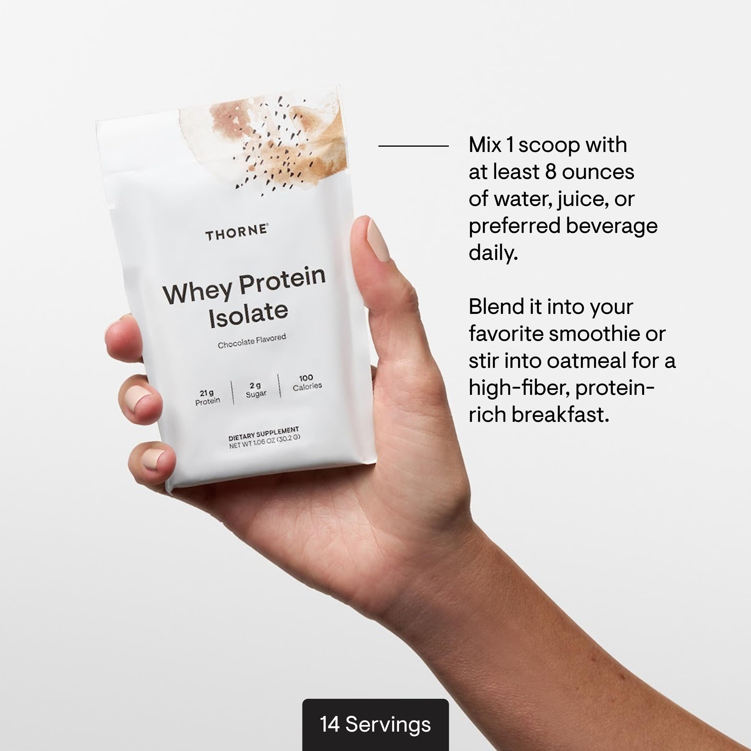 THORNE Whey Protein Isolate chocolate ingredient panel shows gluten-free and soy-free formula.