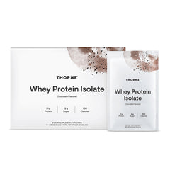 THORNE Whey Protein Isolate chocolate powder for post-workout nutrition.