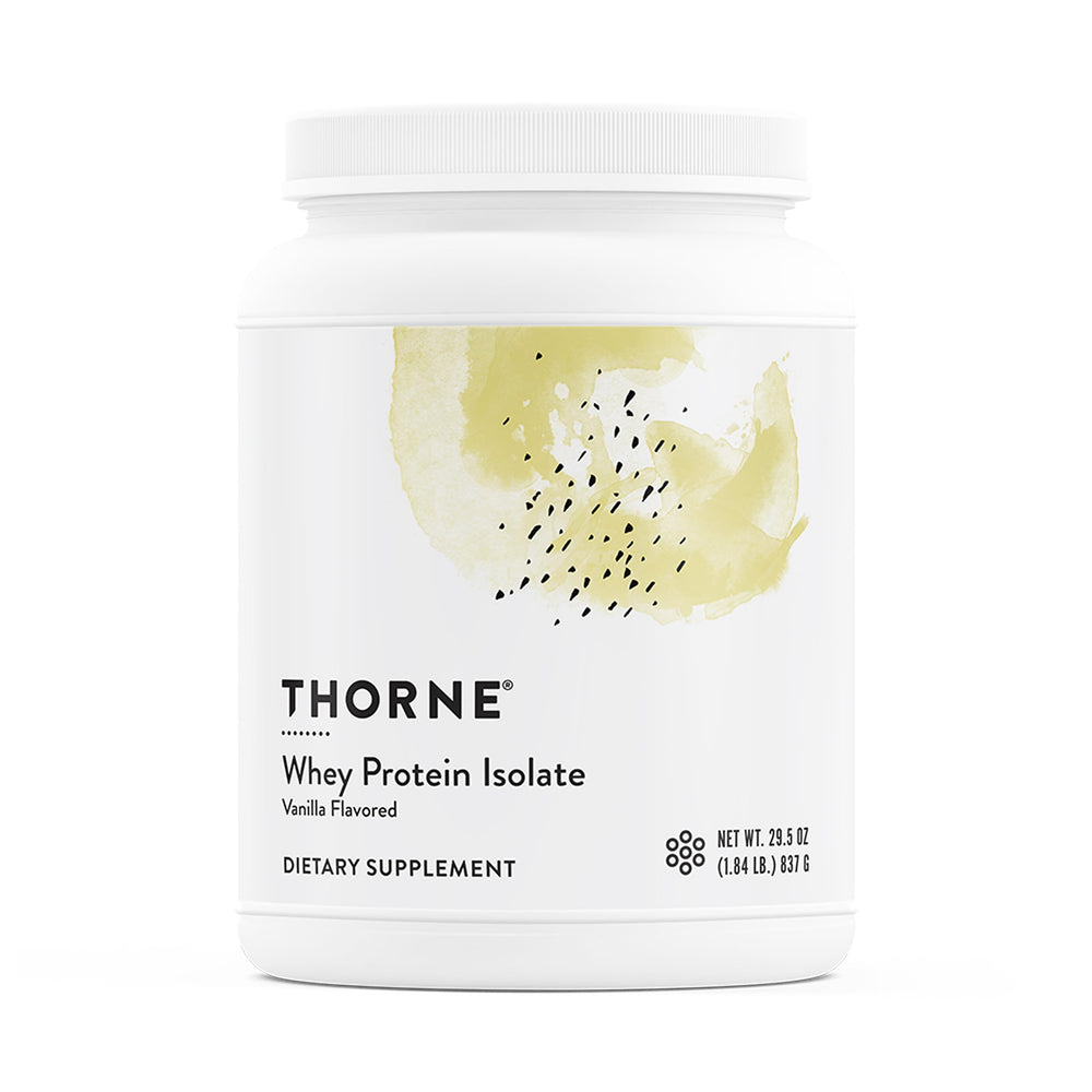 THORNE Whey Protein Isolate vanilla front packaging shows premium protein source for muscle support