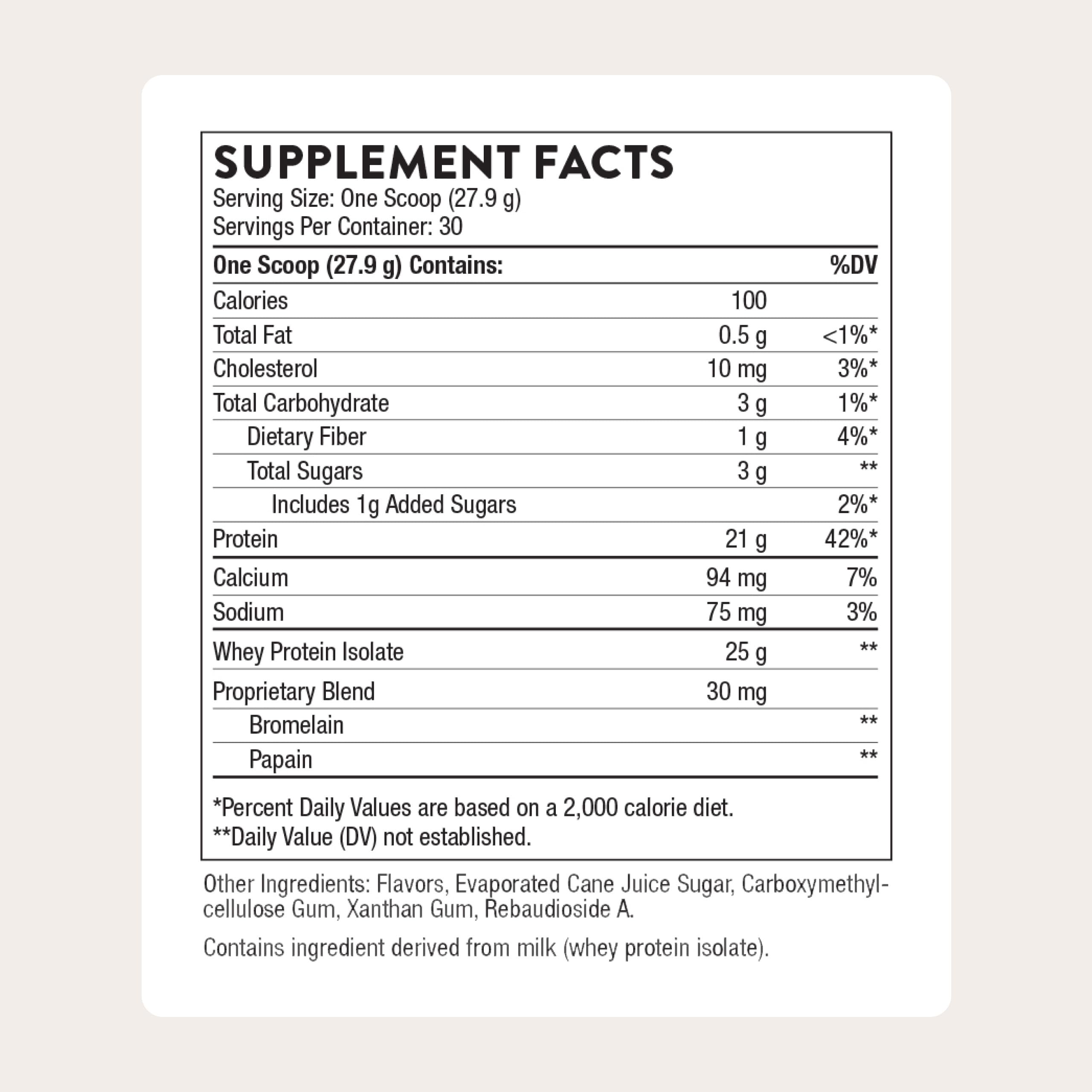 THORNE Whey Protein Isolate vanilla scoop and powder close-up for quick, easy mixing