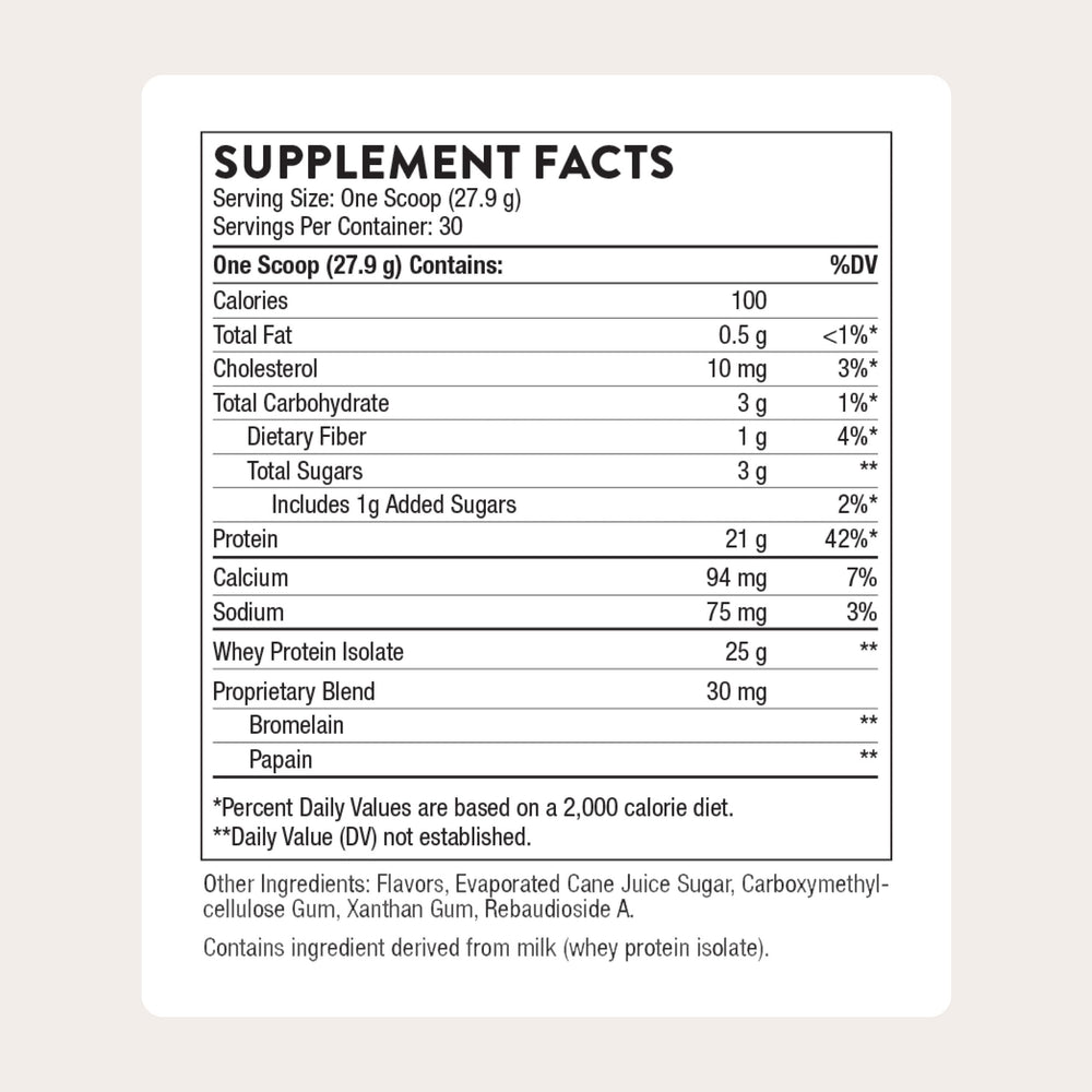 THORNE Whey Protein Isolate vanilla scoop and powder close-up for quick, easy mixing
