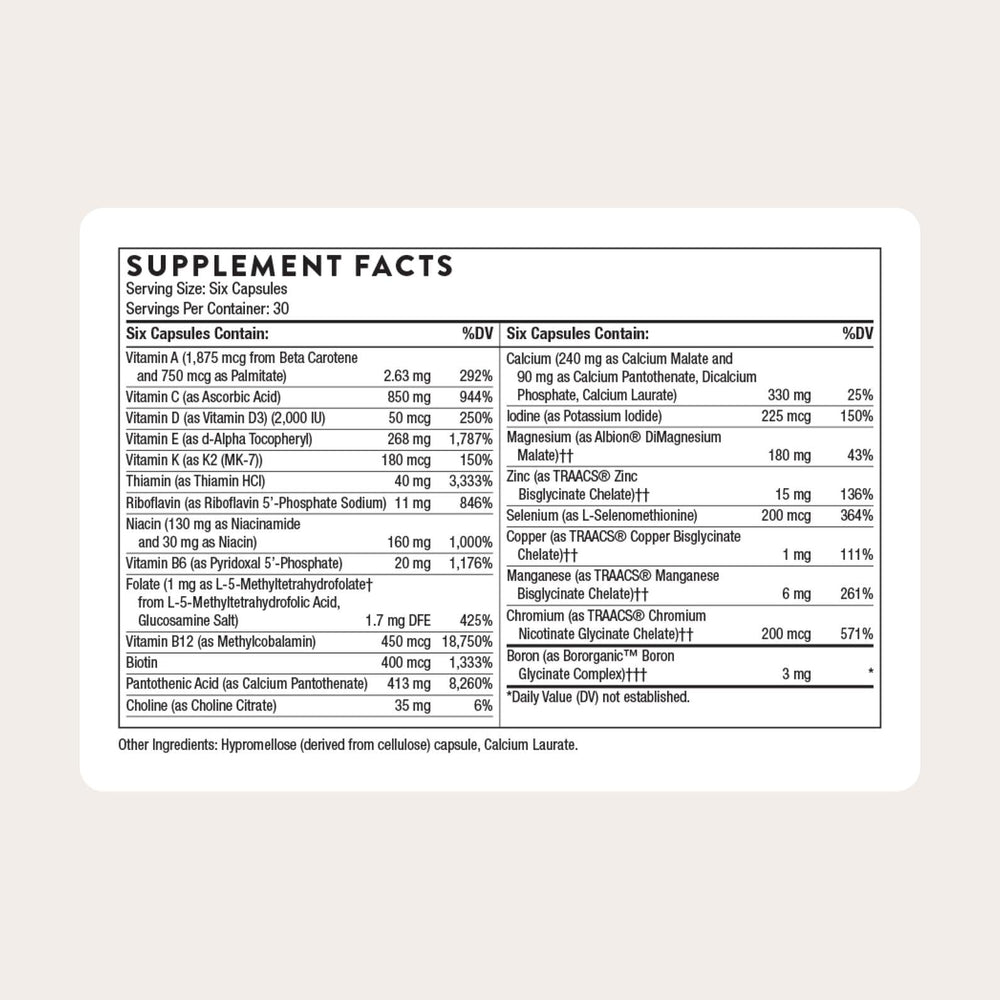 Thorne Women’s Multi 50+ bottle front displays branding and capsule layout for daily nutrition