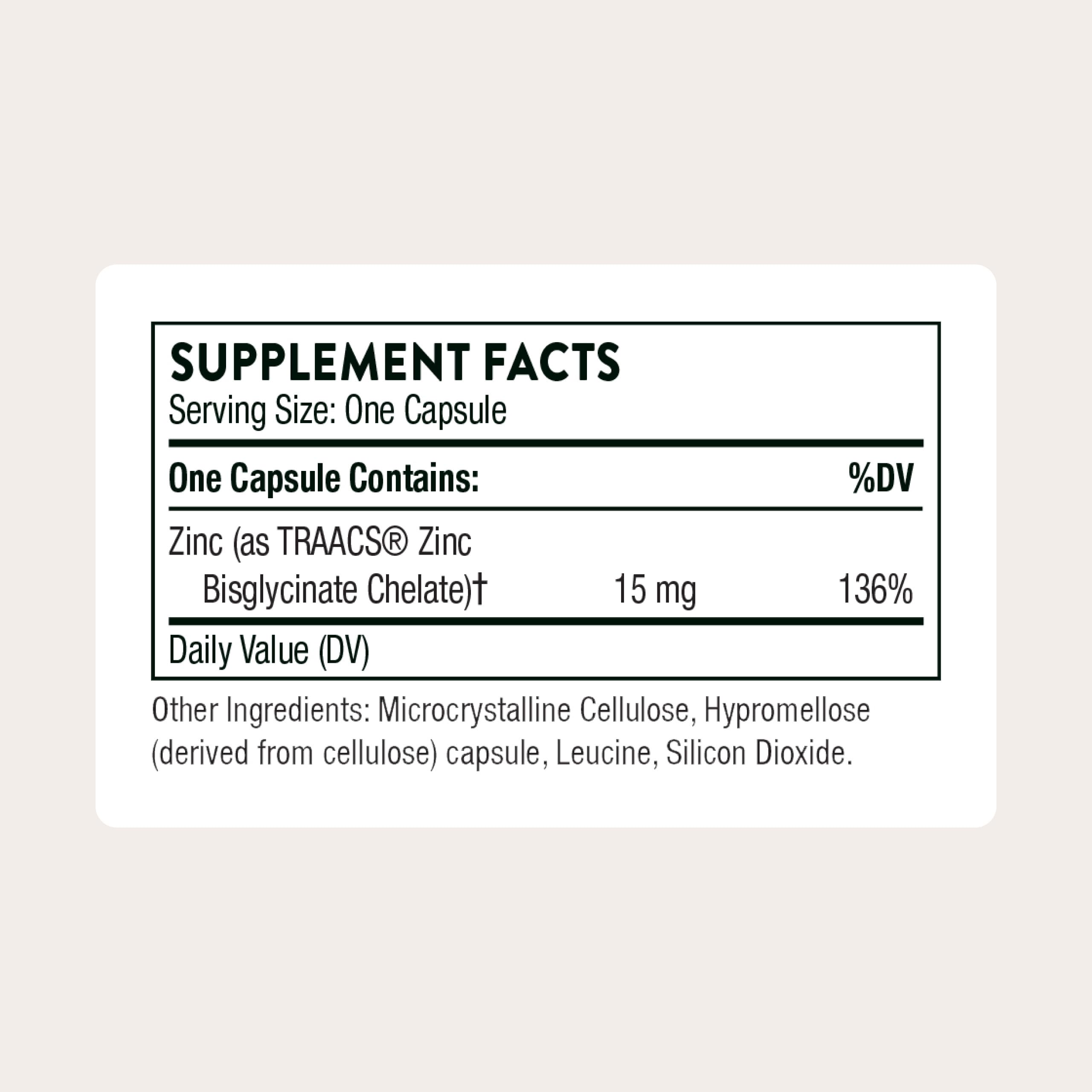 Thorne zinc bisglycinate capsules close-up showing smooth coating and compact form.