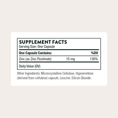THORNE Zinc Picolinate 15 mg label close-up showing ingredients and allergen-free formula