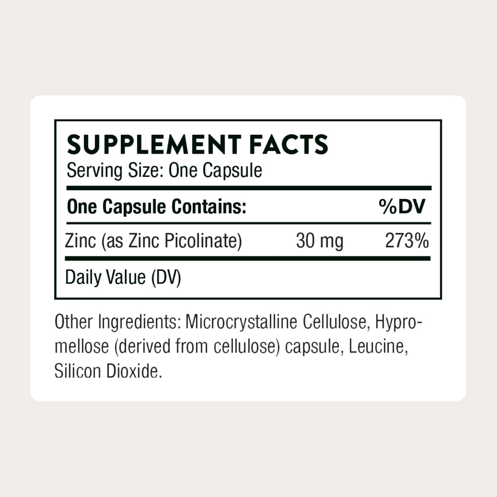 Closeup of Thorne Zinc Picolinate 30 mg capsules for easy daily use
