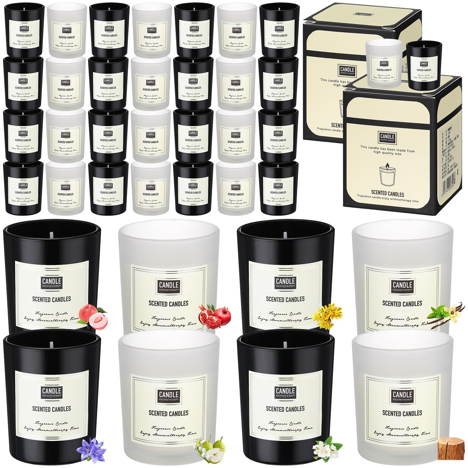Threlaco 72-pack scented candles in black and white jars for home fragrance with long-lasting burn.