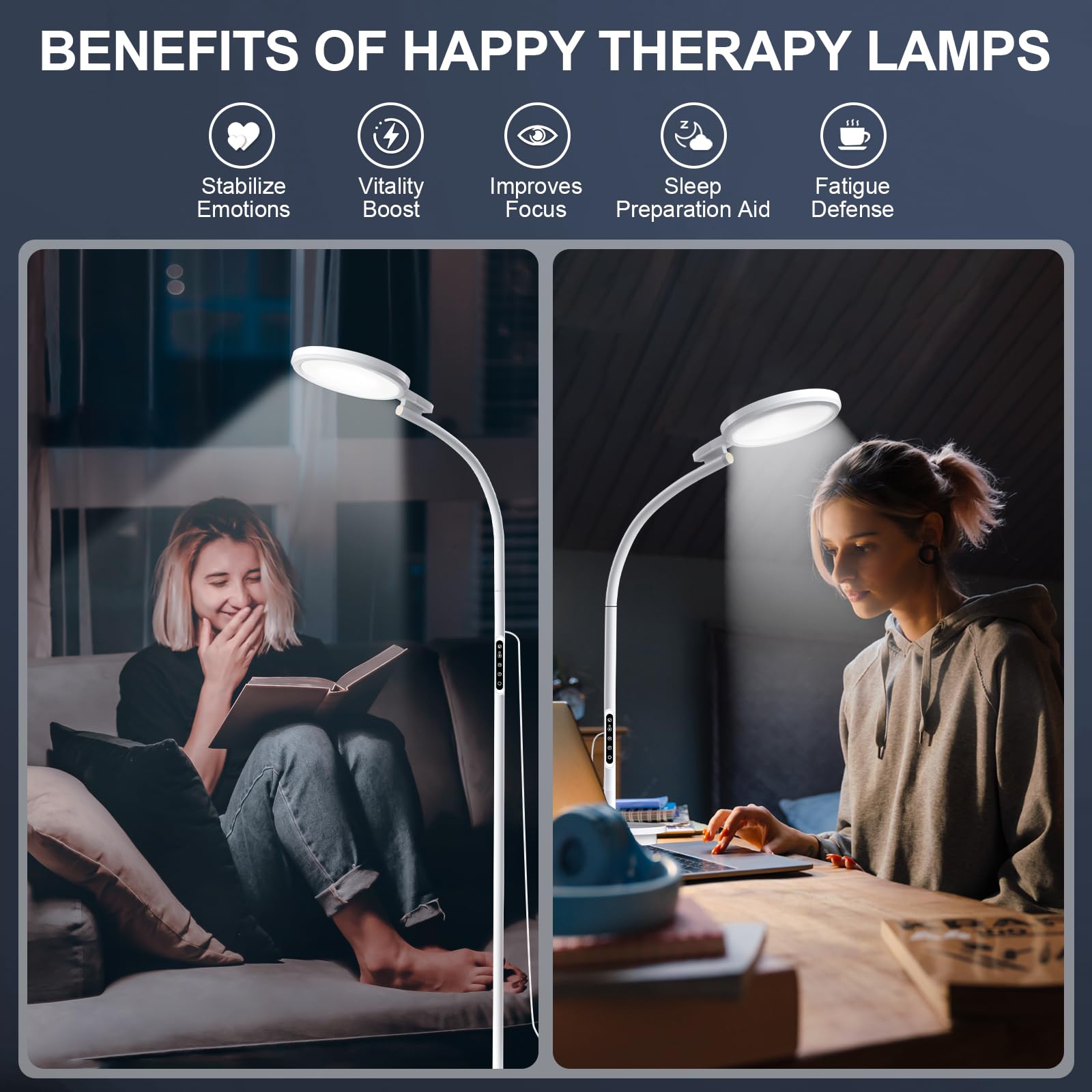 Threnthos Light Therapy Lamp floor-standing design for versatile room placement.