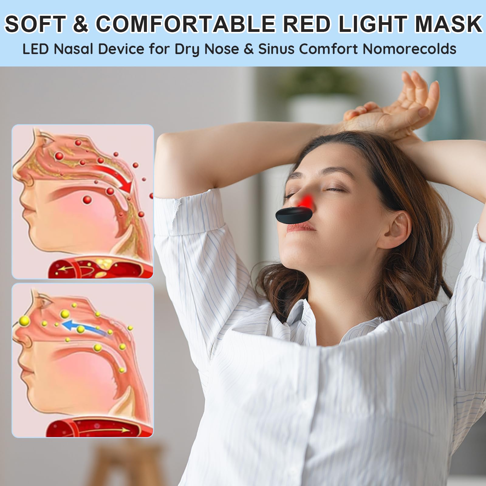 Threnthos red light nasal therapy device in use for targeted sinus comfort and easy routine.