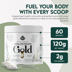 ThriveGut Colostrum Gold label closeup highlights purity and grass-fed origin