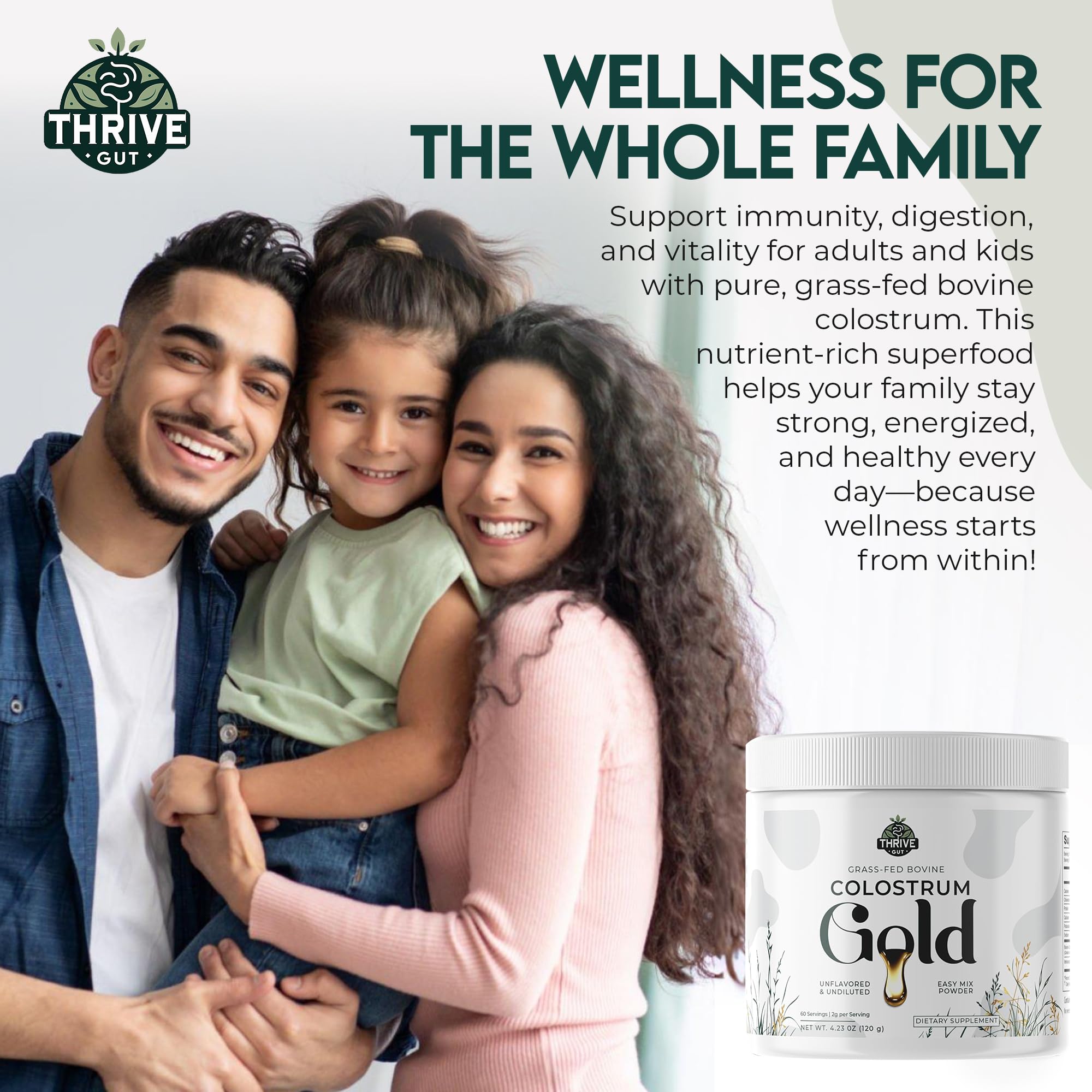 ThriveGut Colostrum Gold packaging box image emphasizes clean label and premium design