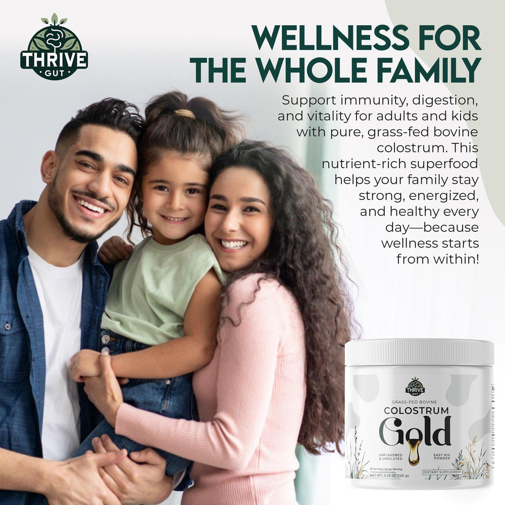ThriveGut Colostrum Gold packaging box image emphasizes clean label and premium design