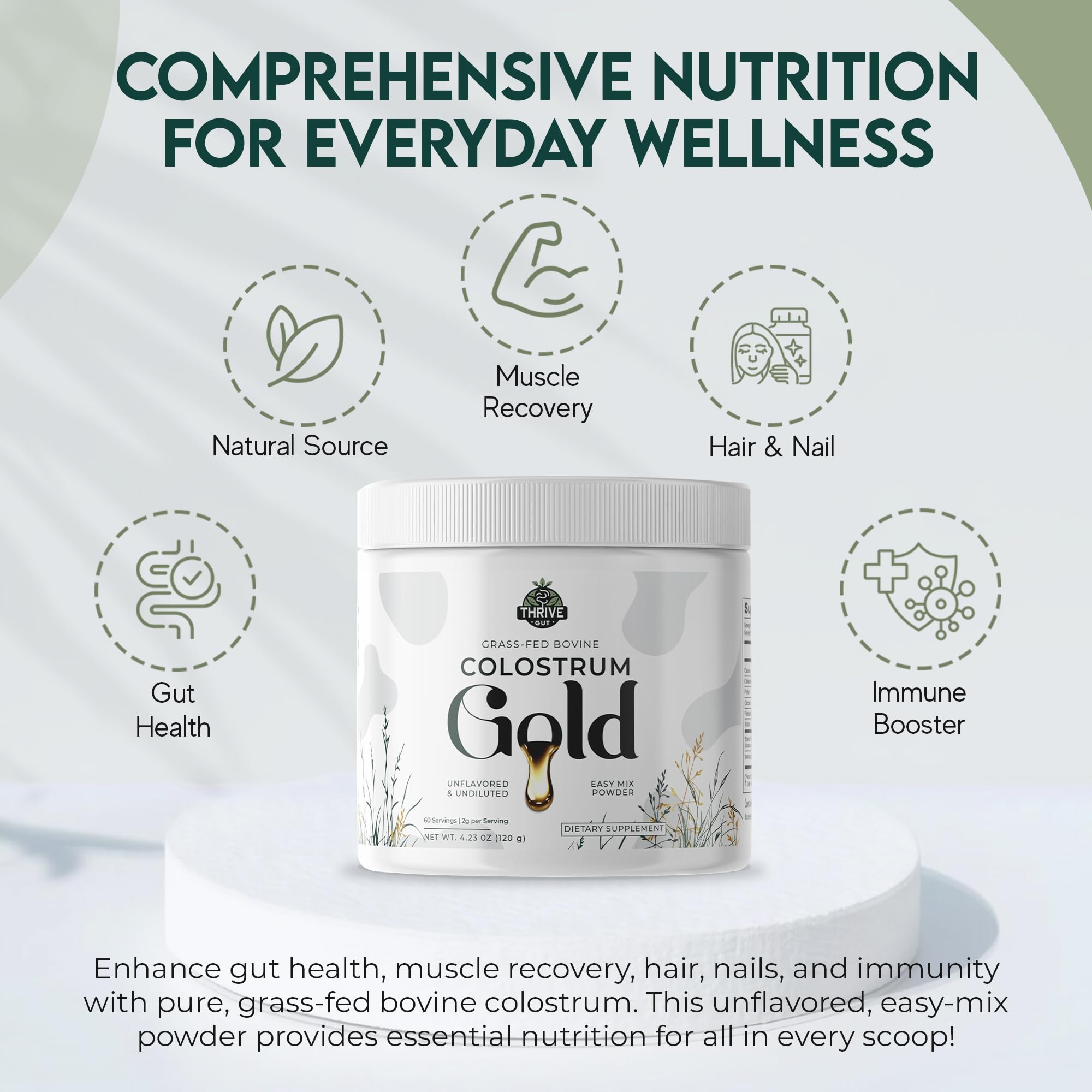 ThriveGut Colostrum Gold being poured into a glass for easy daily dose