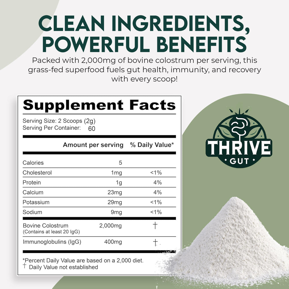 ThriveGut Colostrum Gold powder scoop illustrates versatile mixing for smoothies and drinks