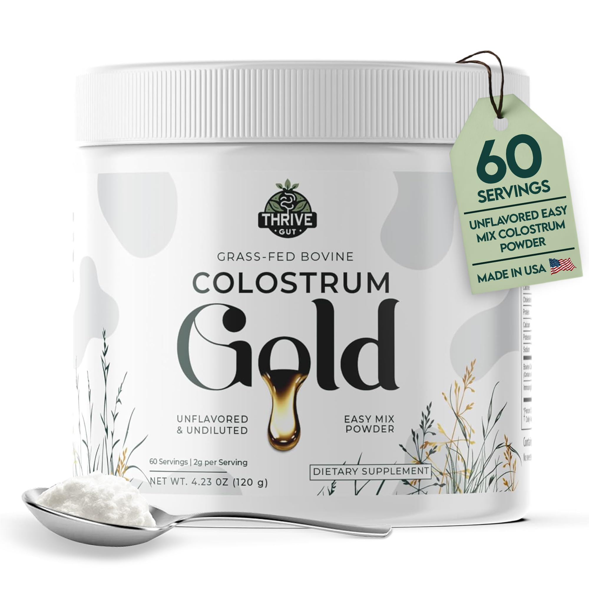 ThriveGut Colostrum Gold tub front shows premium powder for daily wellness