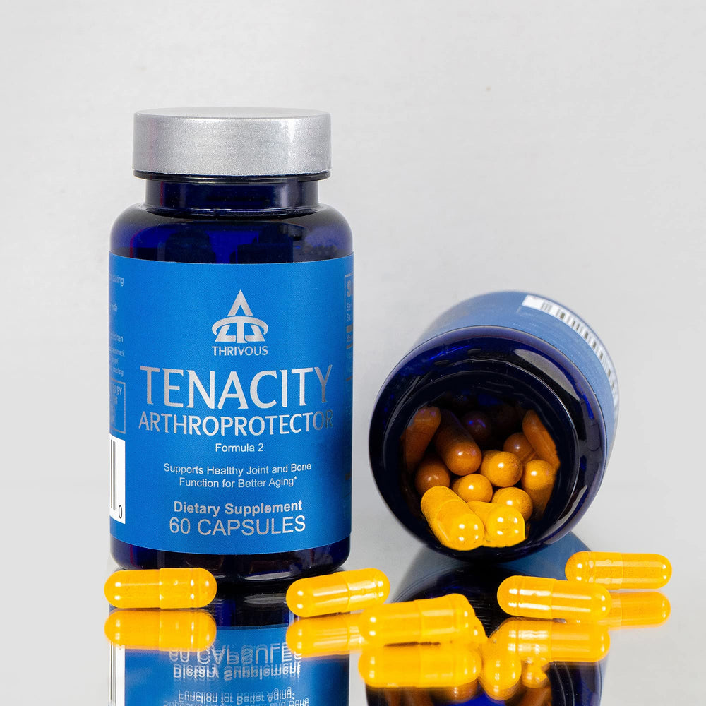 Thrivous Tenacity Arthroprotector capsule-in-hand demonstrates easy on-the-go supplementation.