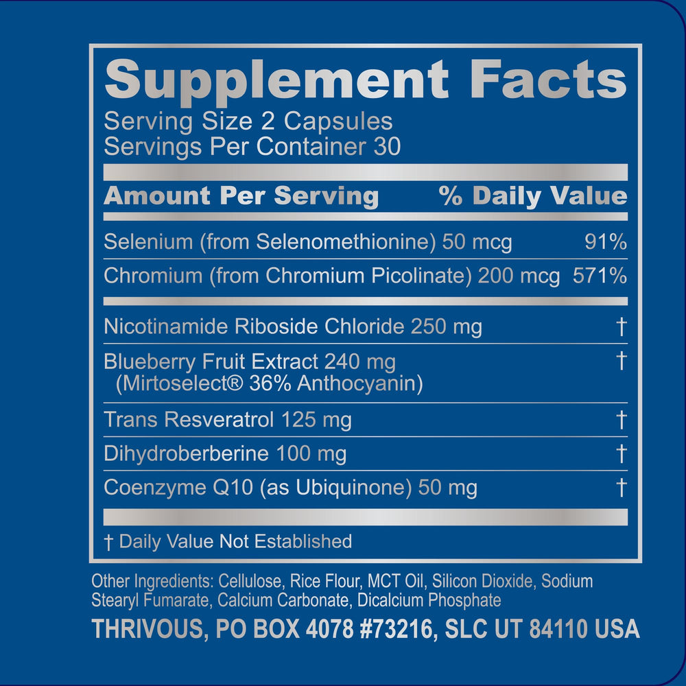 Thrivous Vitality Geroprotector packaging scene emphasizing quality and testing.
