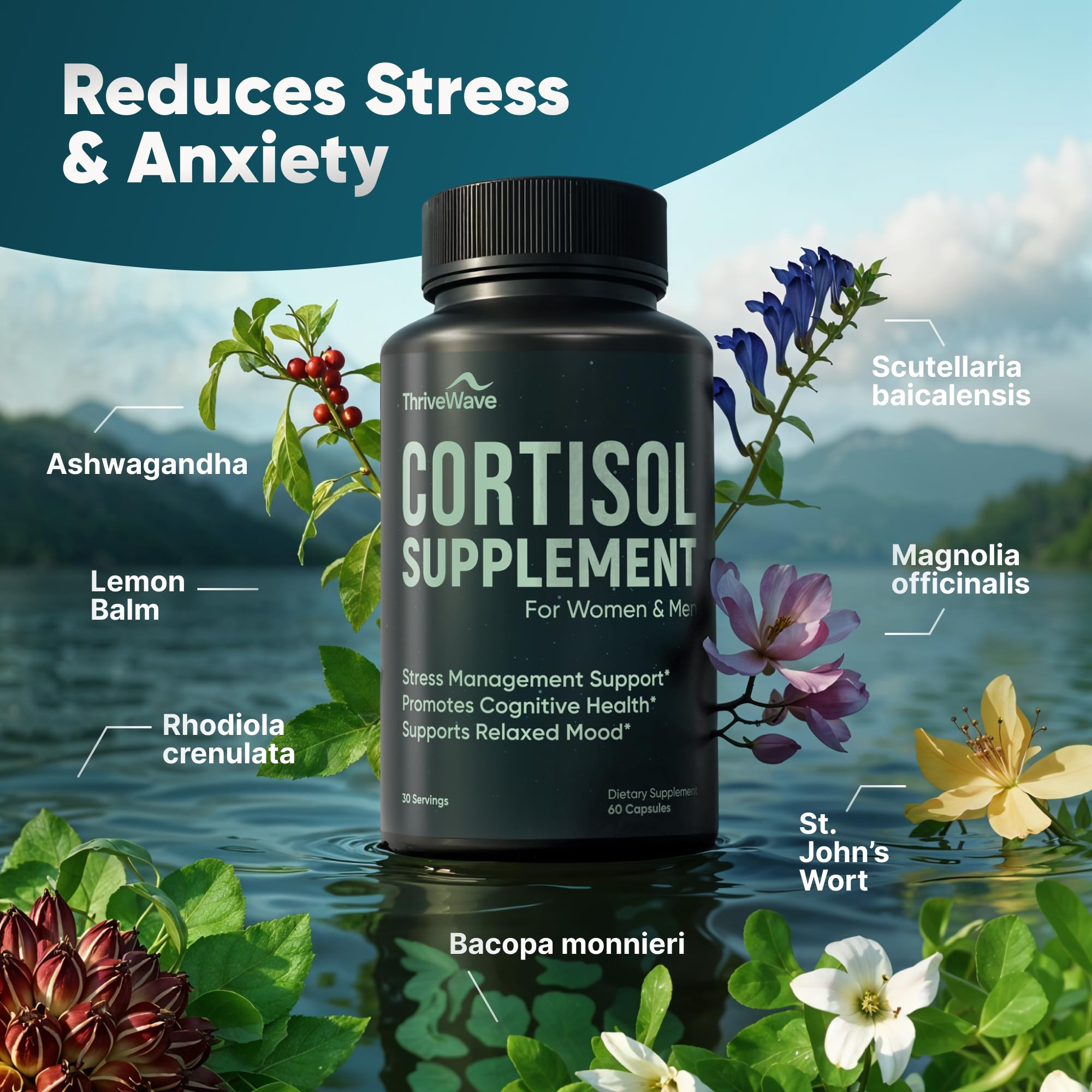 ThriveWave 5-HTP GABA L-Theanine blend illustration for mood stability.