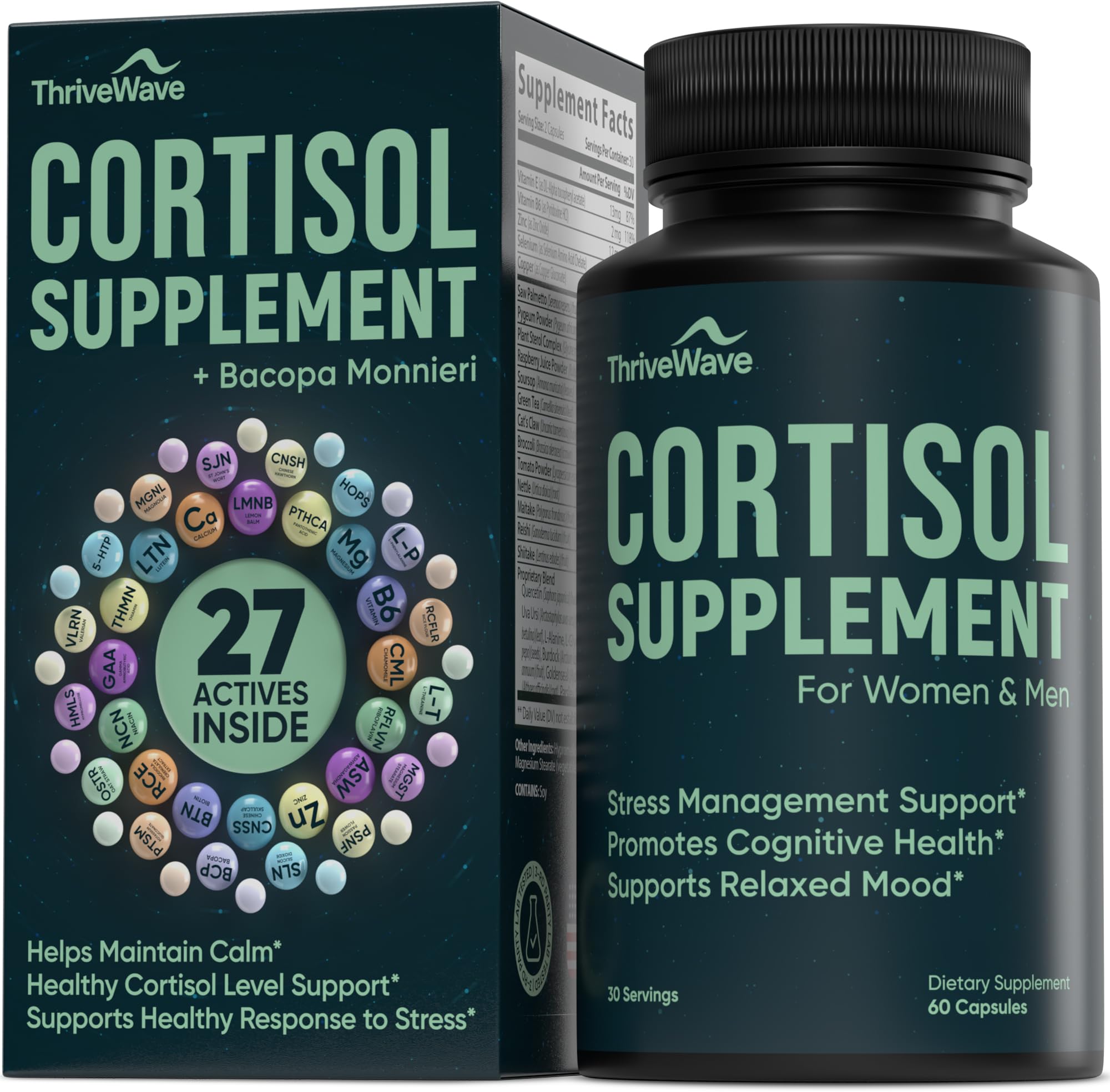 ThriveWave Cortisol Support bottle front for daily calm and focus.