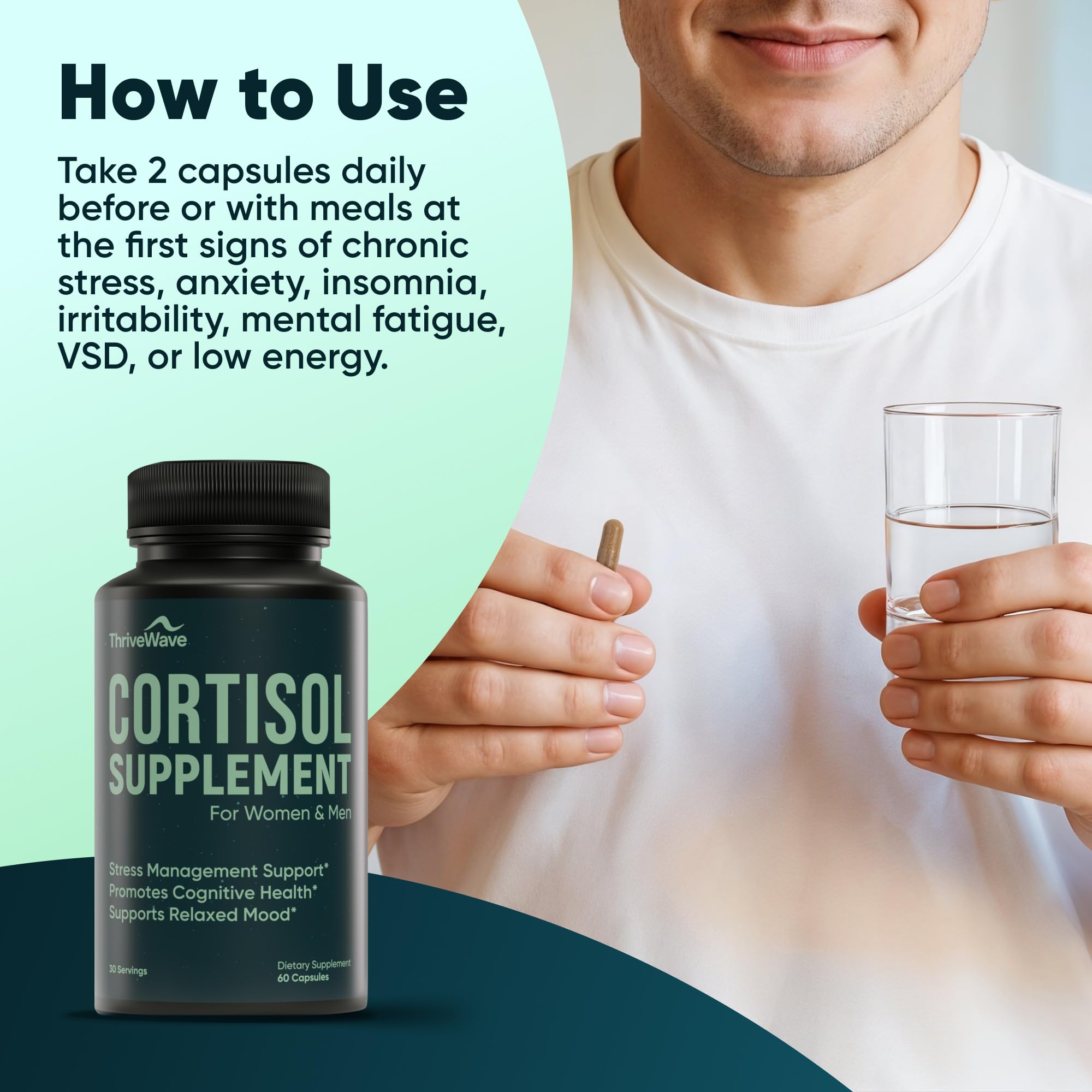 ThriveWave Herbal cortisol blend label showcasing stress relief potential.