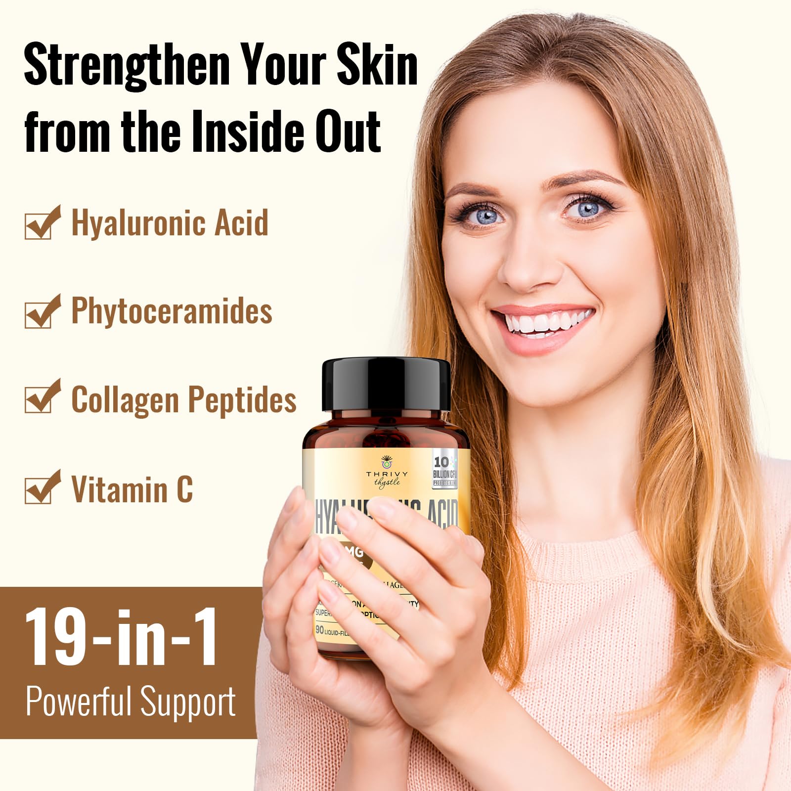ThrivyThystle hyaluronic capsules close-up highlighting smooth, easy-to-swallow design.