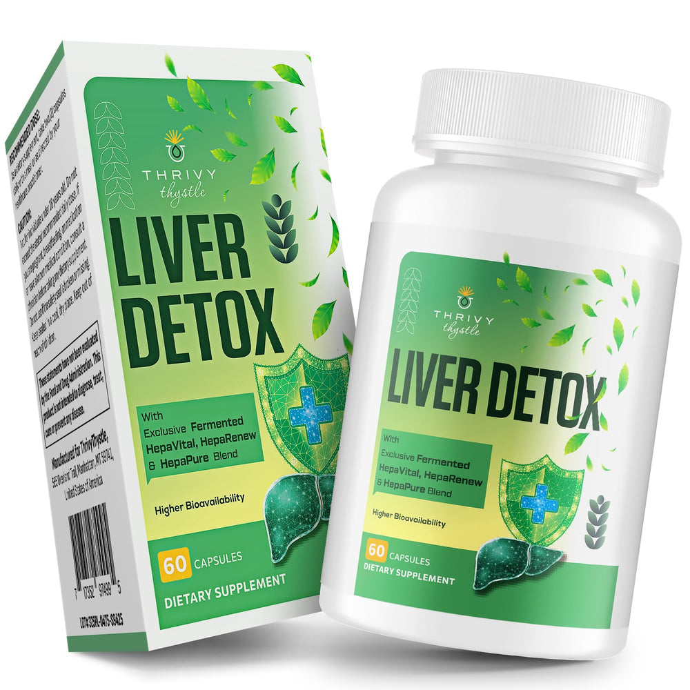 ThrivyThystle Liver Detox bottle front showing daily liver support in clean packaging.