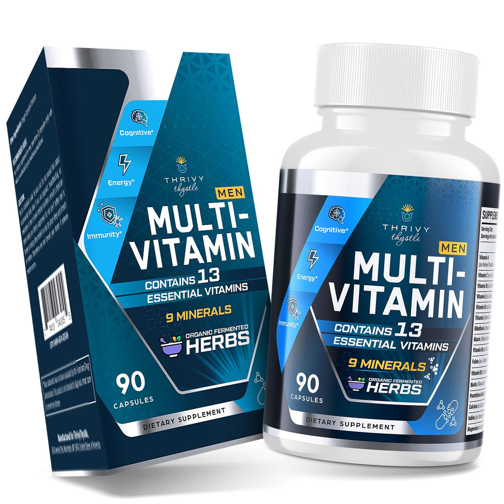 ThrivyThystle multivitamin for men 50+ bottle front showing daily dosing support