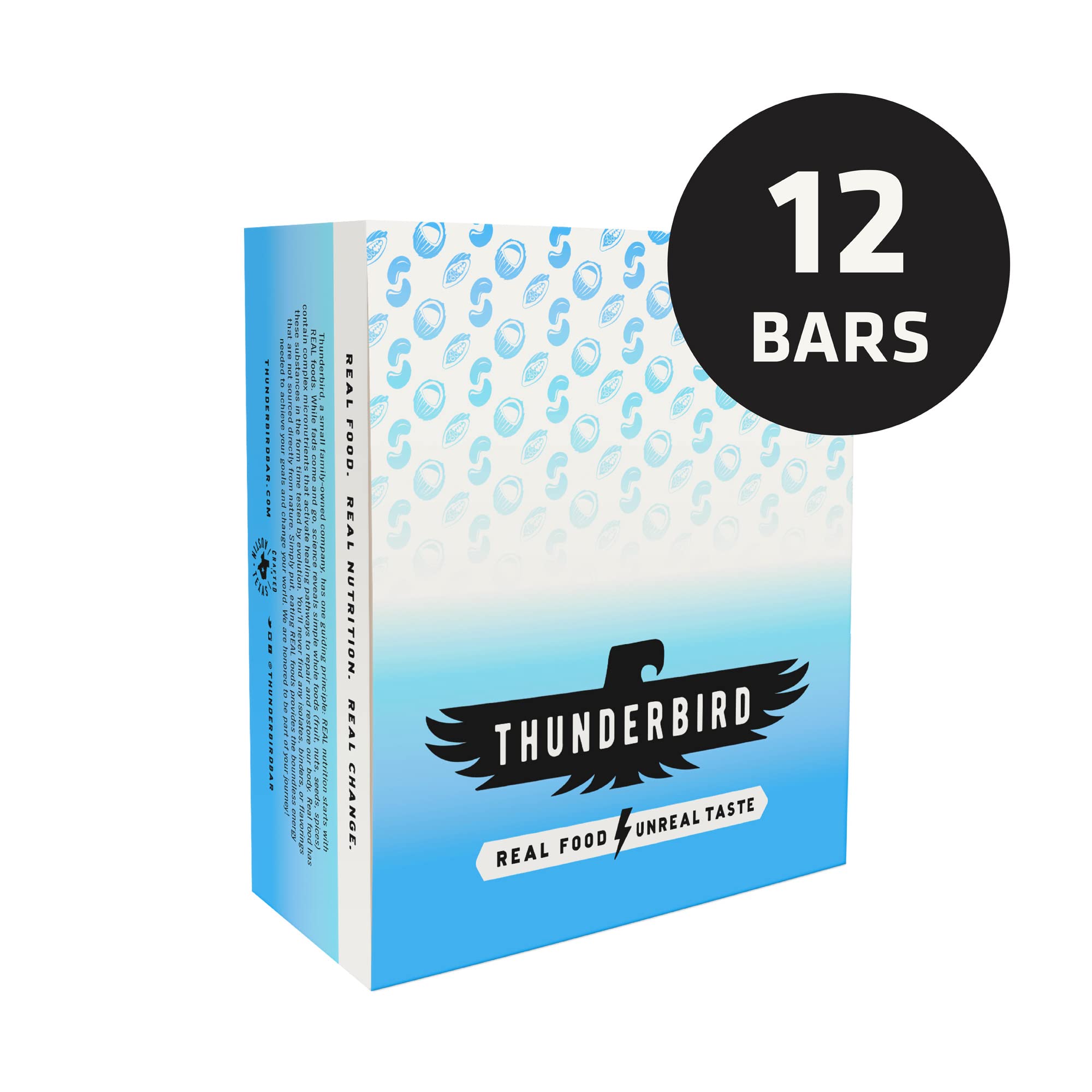 Thunderbird bars 12-count box front view, everyday snack option.