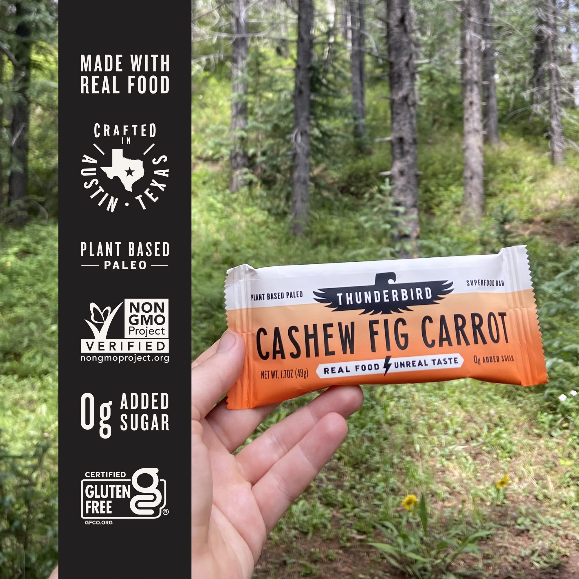 Thunderbird Bars no-added-sugar label emphasizes natural sweetness from fruit.