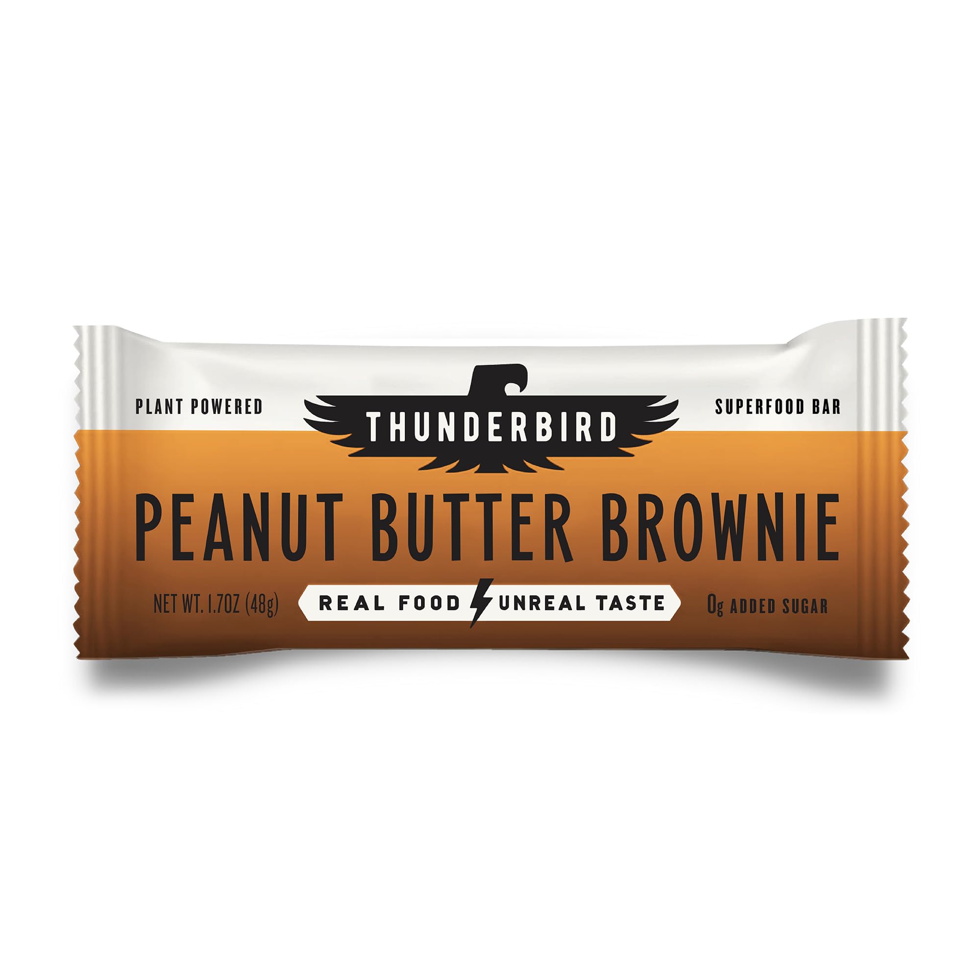 Thunderbird Real Food Bars peanut butter brownie packshot, gluten-free protein snack.