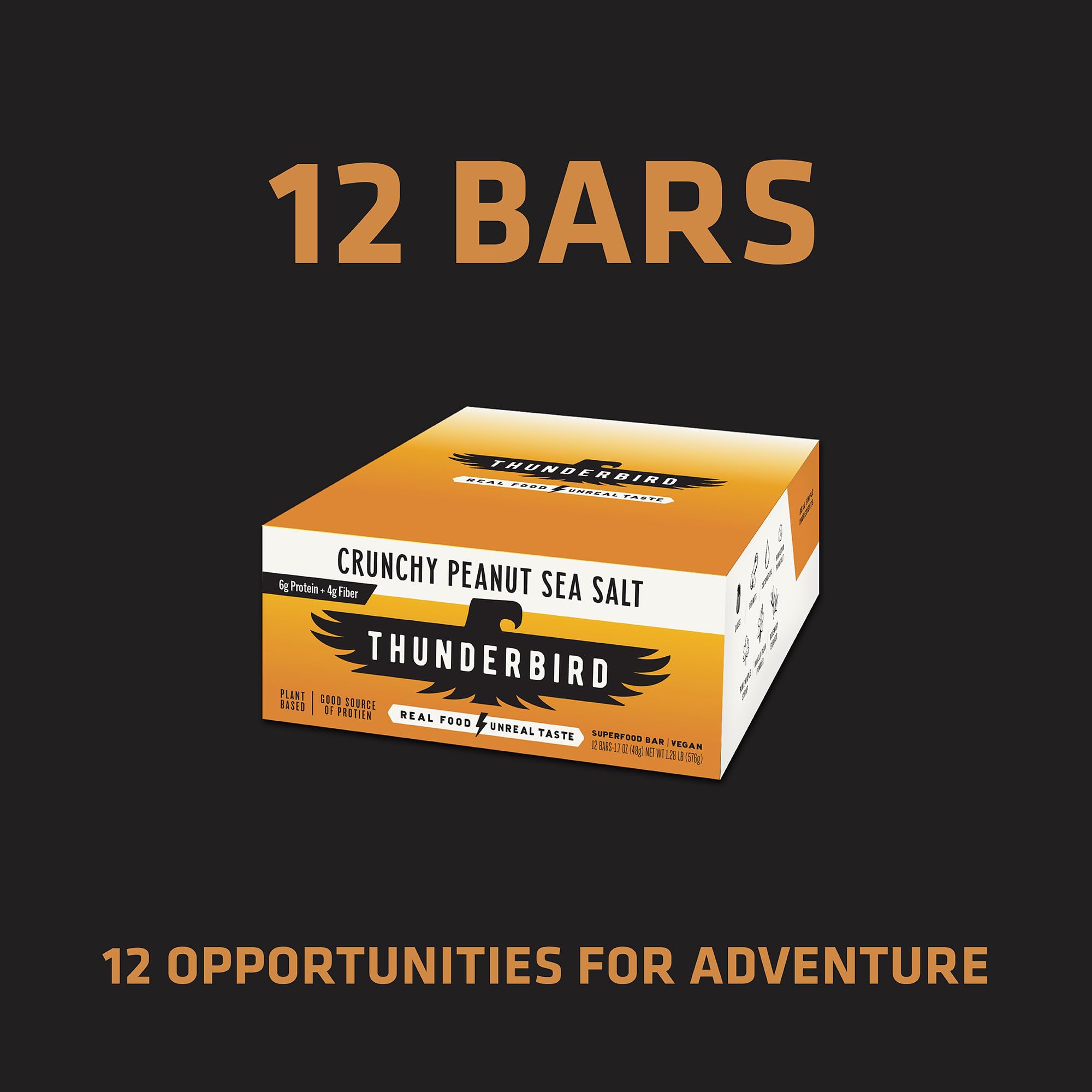Thunderbird Bars vegan non-GMO seal displayed beside plant-based nutrition.