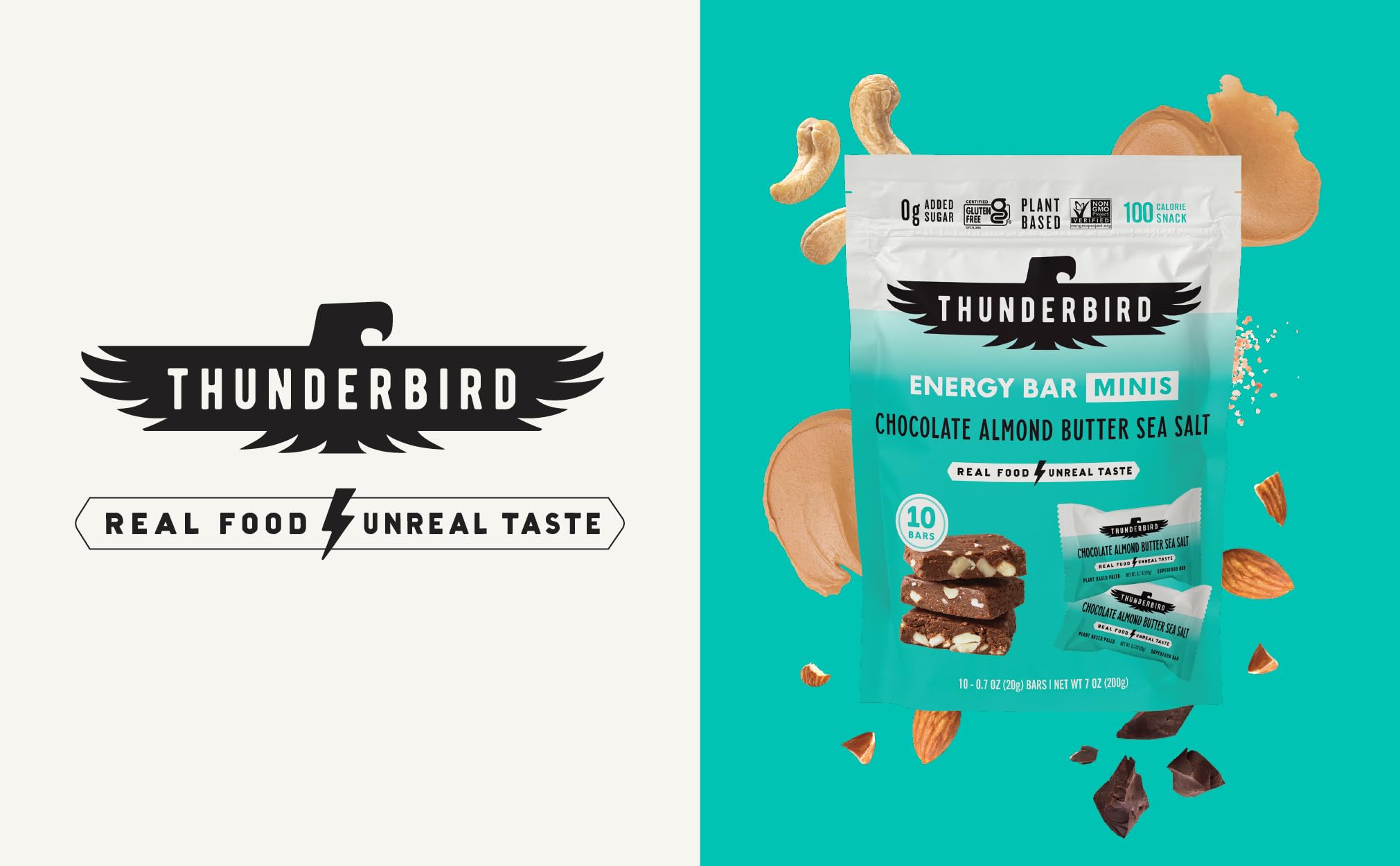 Thunderbird Chocolate Almond Butter Sea Salt mini energy bar closeup highlighting real ingredients for clean energy.