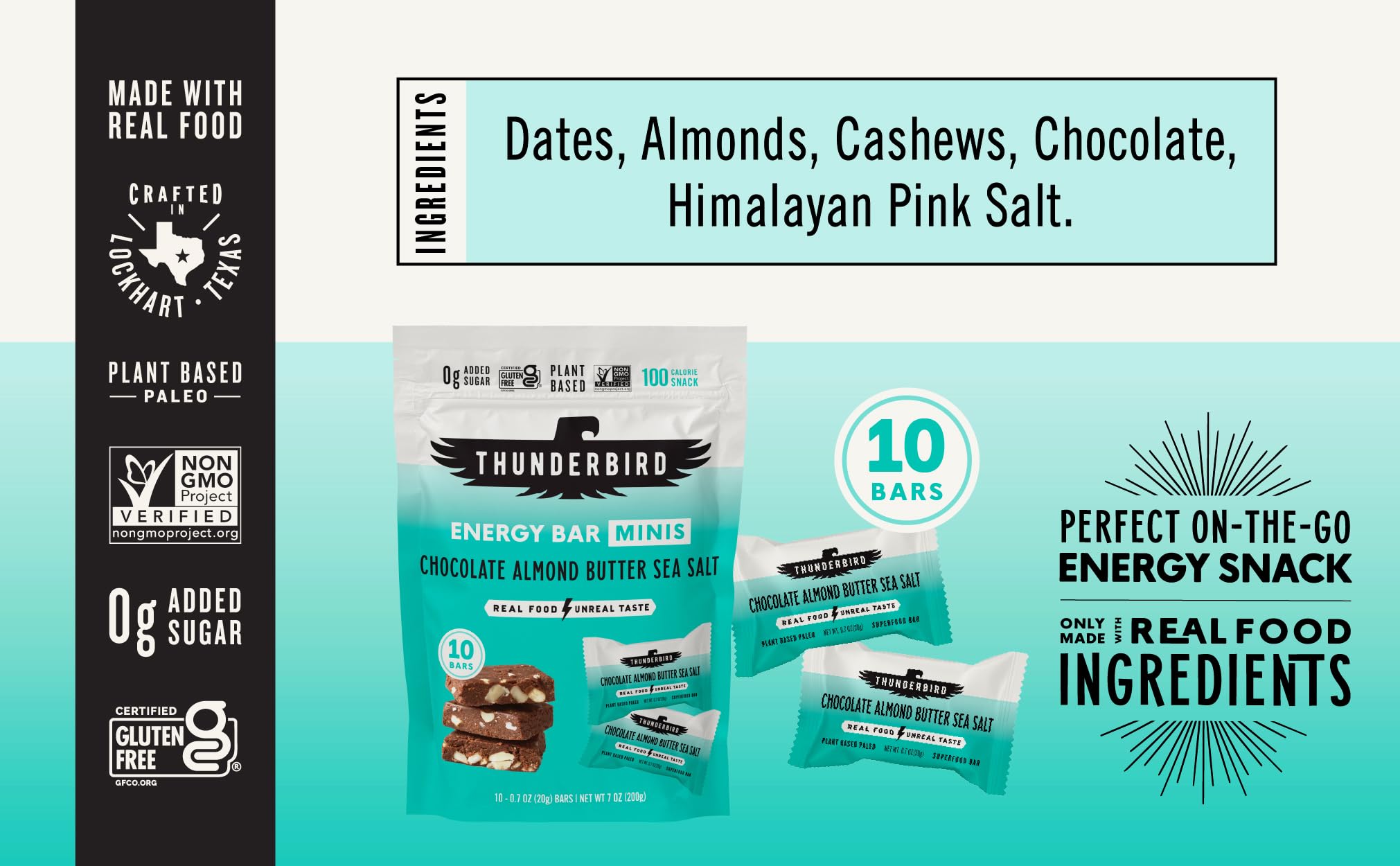 Thunderbird Chocolate Almond Butter Sea Salt mini energy bar in hand, ready for on-the-go nourishment.