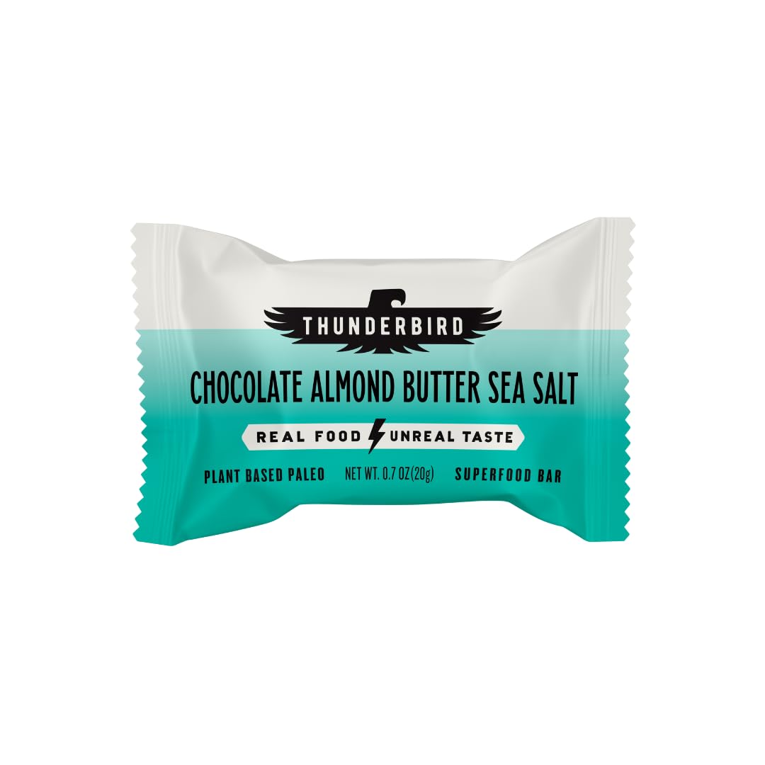 Thunderbird Chocolate Almond Butter Sea Salt mini energy bar packaging showing gluten-free real food promise.
