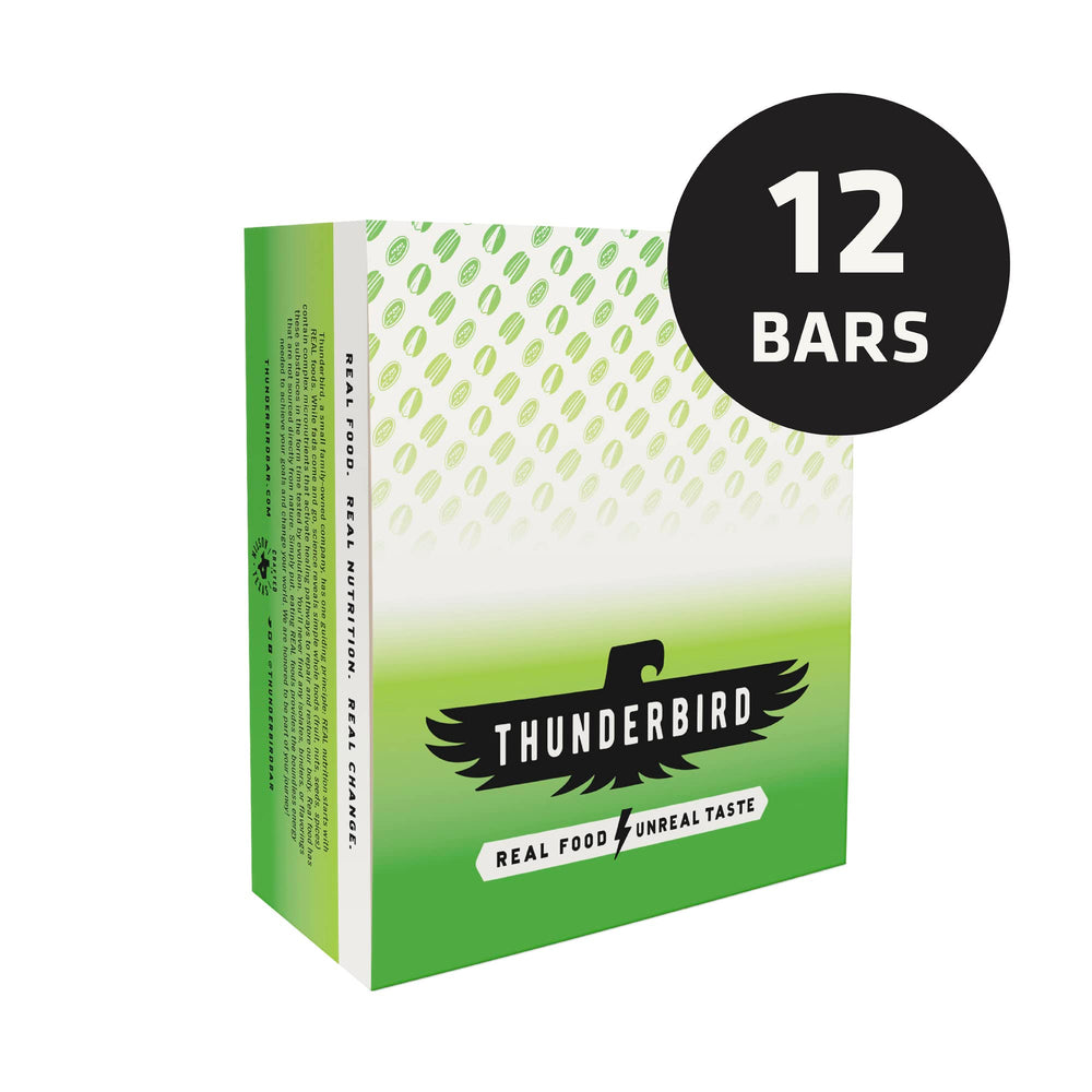 Box display of Thunderbird Energetica pecan-goji-pistachio bars in a pantry