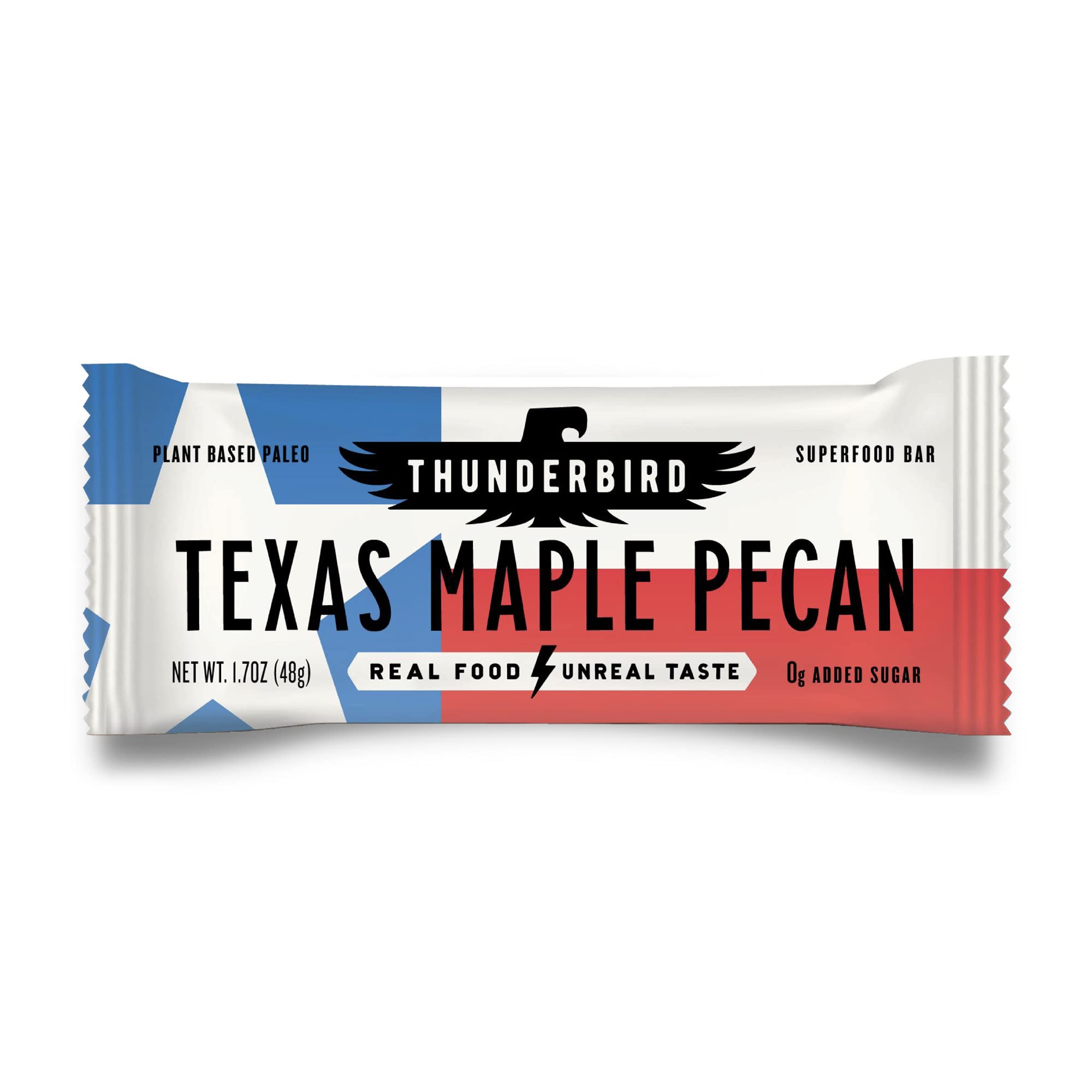 Thunderbird Real Food Bars Texas Maple Pecan bar packshot highlights convenient on-the-go energy