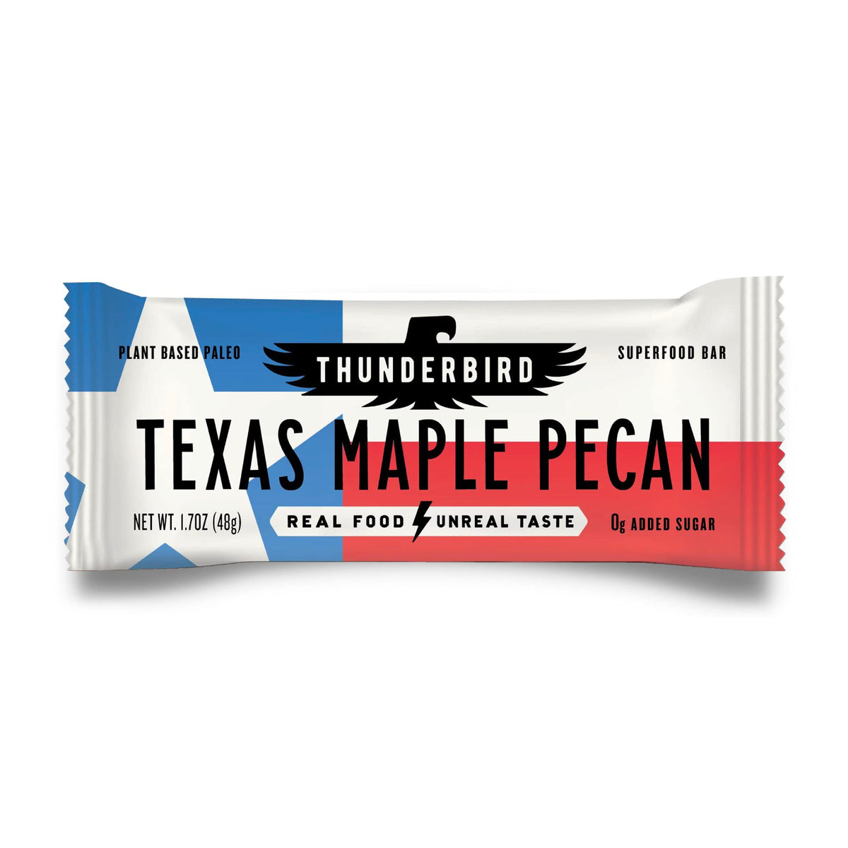 Thunderbird Real Food Bars Texas Maple Pecan bar packshot highlights convenient on-the-go energy