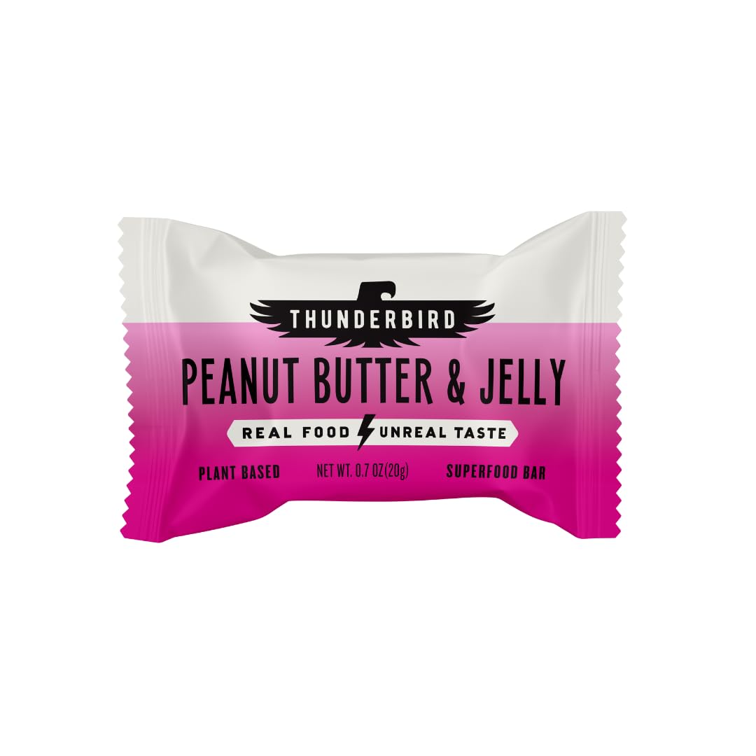 Thunderbird PB&J packaging on display, portable gluten-free energy for travel.