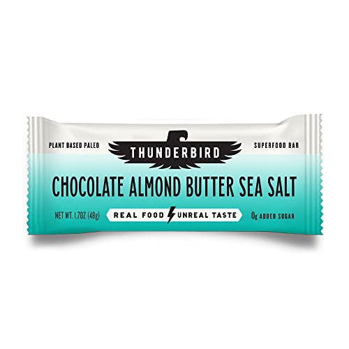 Thunderbird Real Food Bars chocolate almond butter sea salt bar close-up, a protein-rich energy snack.