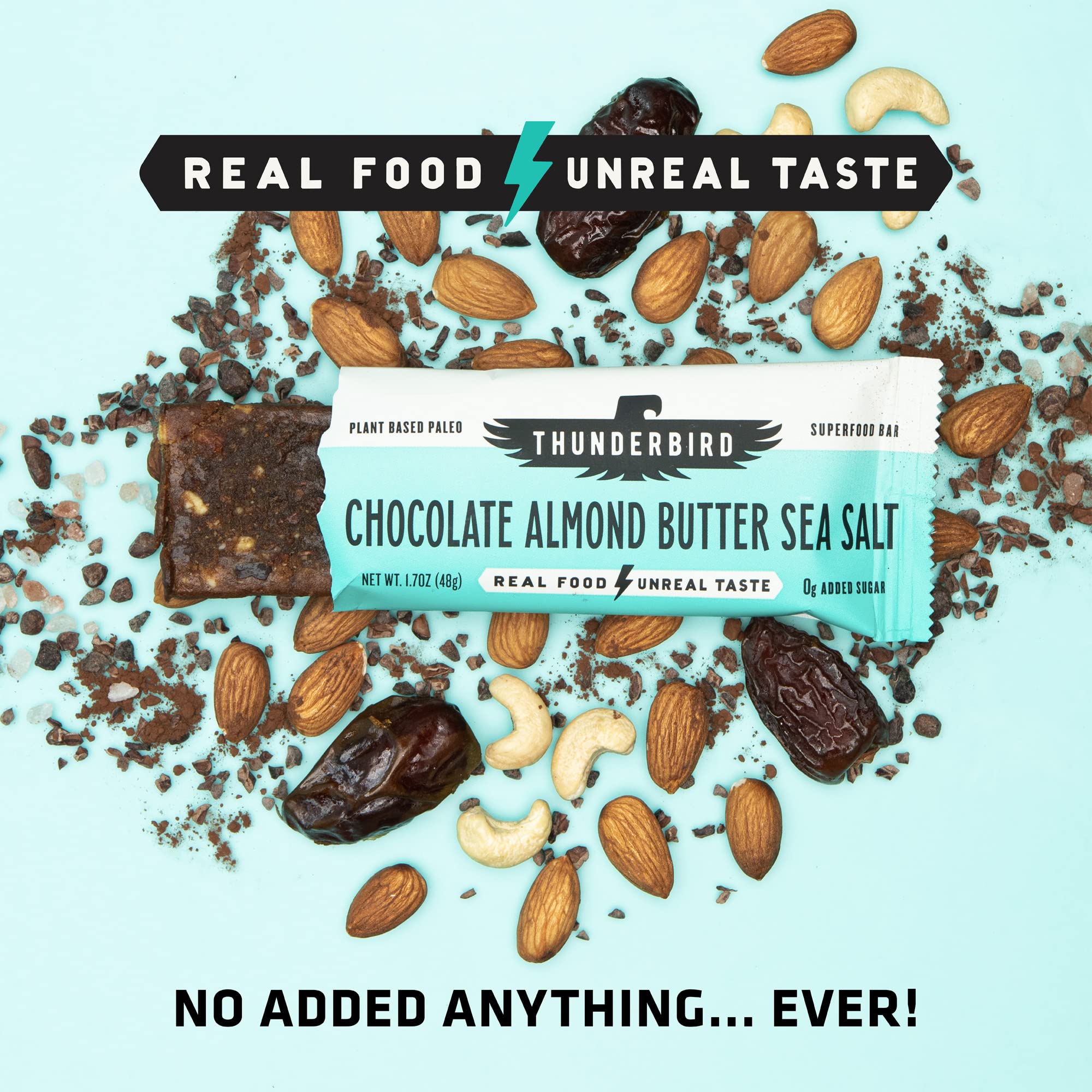 Thunderbird Real Food Bars satisfying texture close-up reveals chewy nut and chocolate elements.
