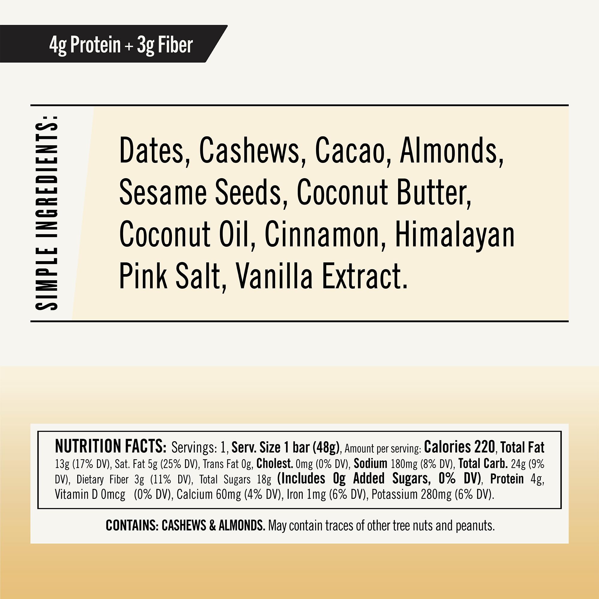 Close-up of the bar reveals cashews and dates for natural texture.