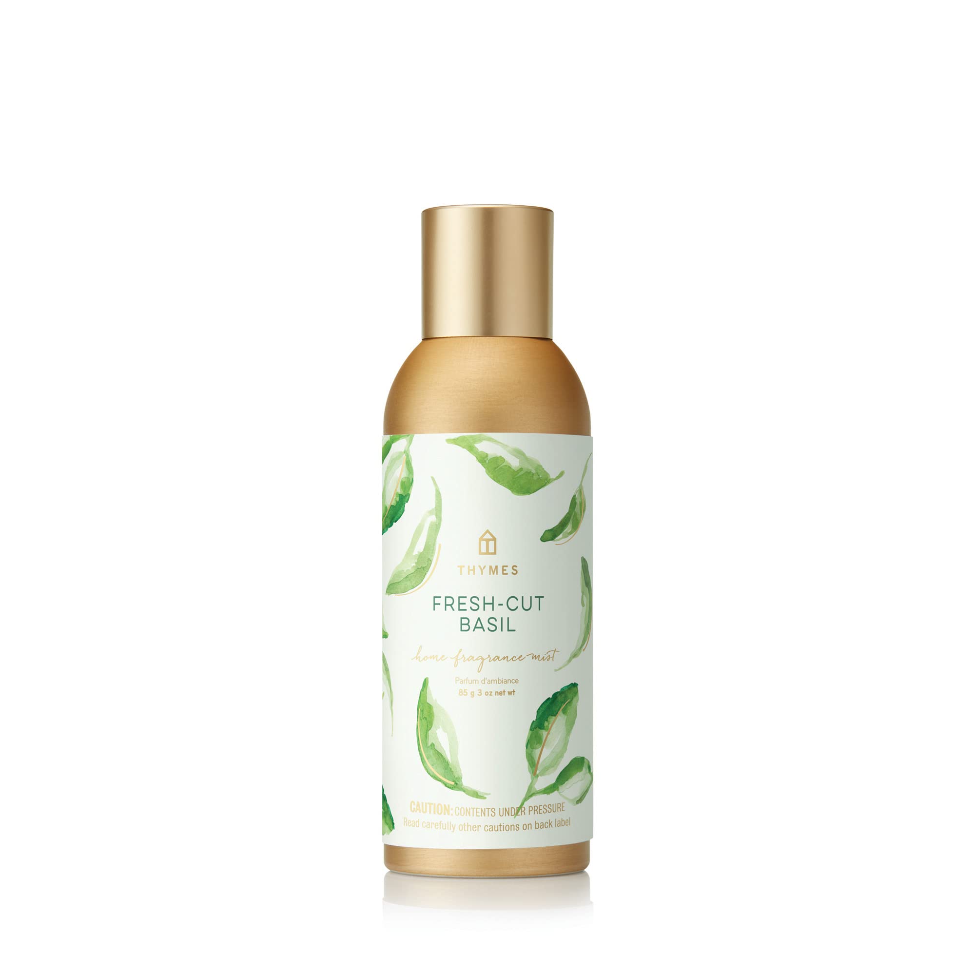 Thymes Fragrance Mist Fresh-Cut Basil bottle highlights a herbaceous, inviting aroma for any room.