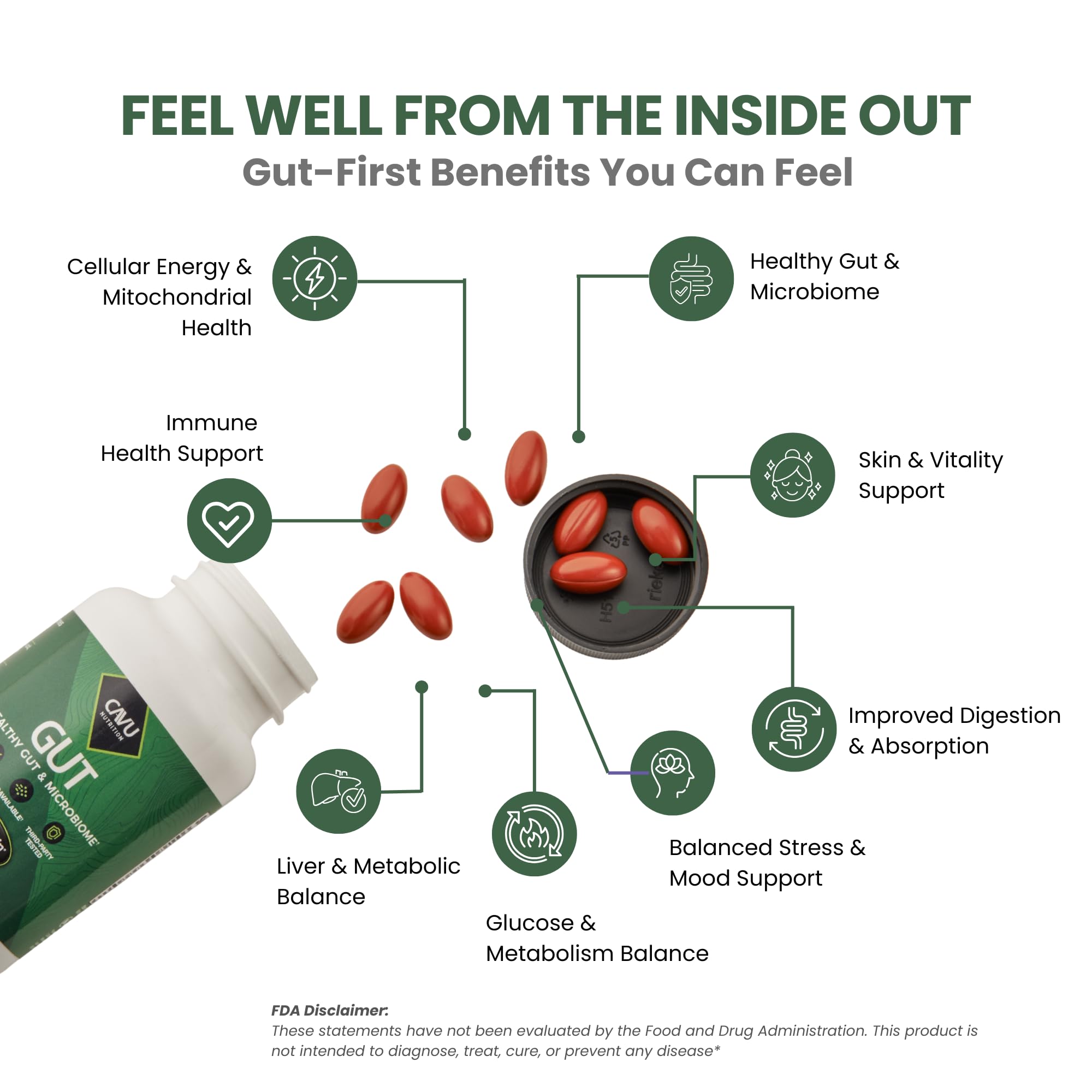 ThymoQuin bottle pour demonstrates easy daily dosage for gut health.