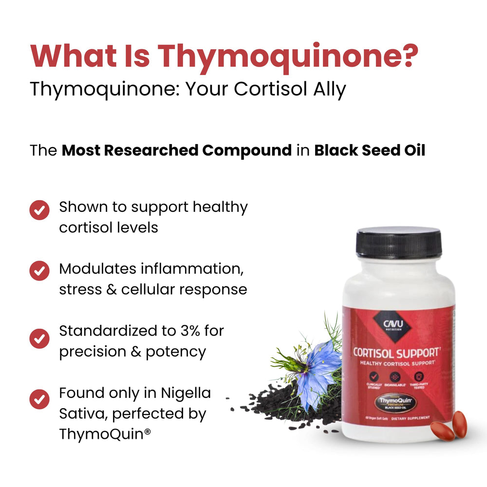 Morning routine scene with tea and ThymoQuin for steady energy.