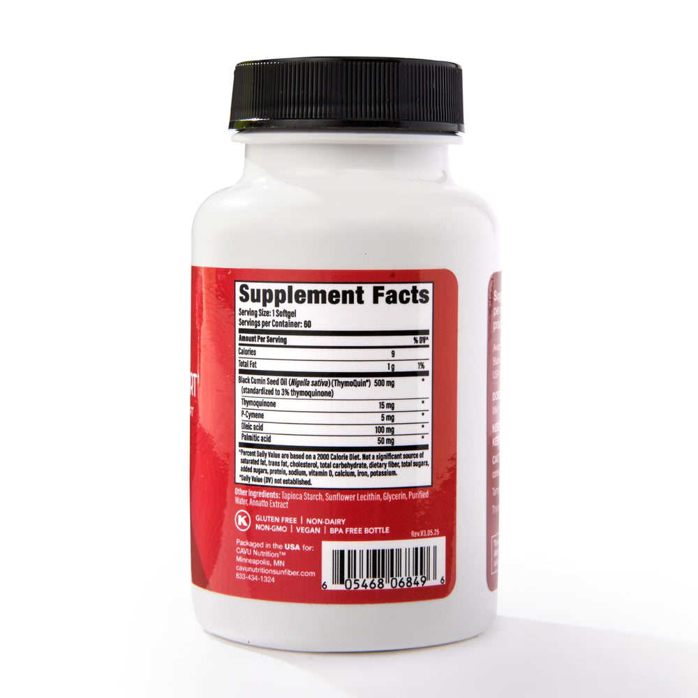 Close-up of ThymoQuin Cortisol Manager softgels showing 3% thymoquinone formula.